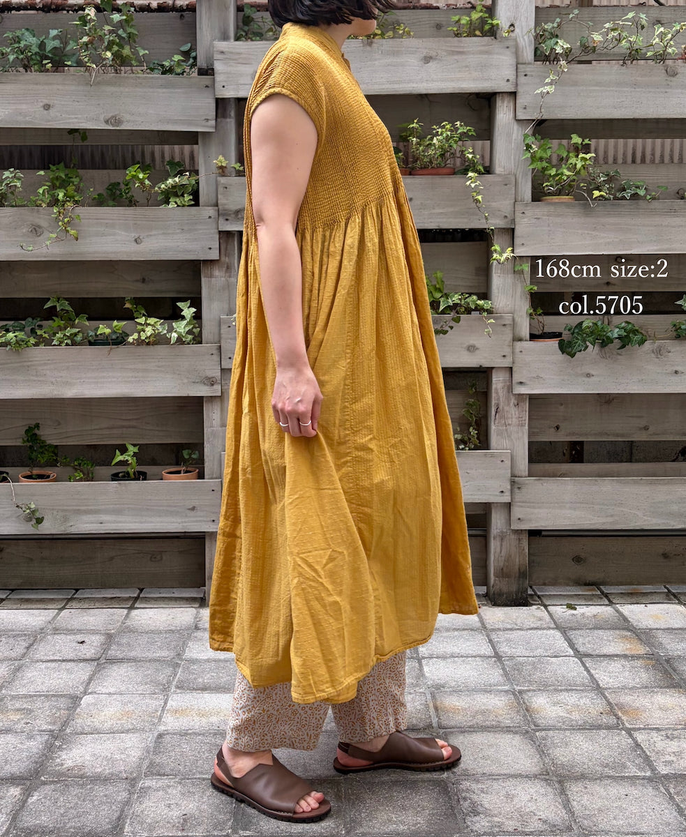 NMDS26264D ORGANIC COTTON/LINEN PATCHWORK OVERDYE BANDED F/SLEEVE SHIRT DRESS WITH MINI PINTUCK