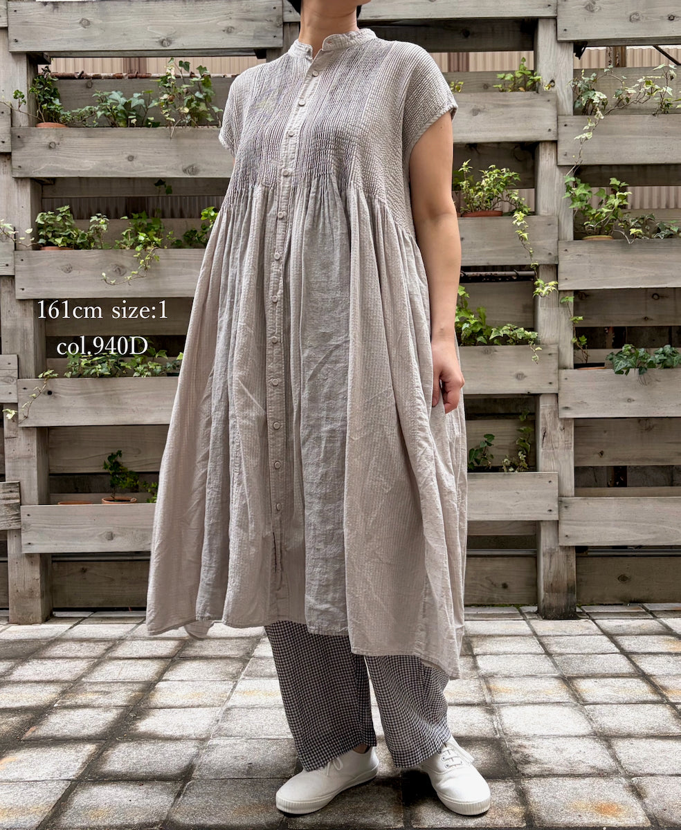 NMDS26264D ORGANIC COTTON/LINEN PATCHWORK OVERDYE BANDED F/SLEEVE SHIRT DRESS WITH MINI PINTUCK