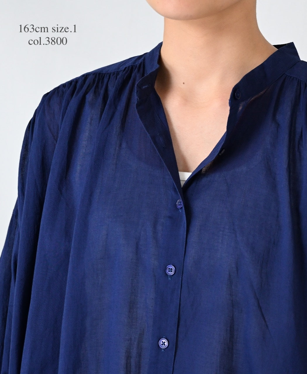 NSL26024 80s COTTON VOILE PLAIN BANDED COLLAR GATHERED SHIRT DRESS
