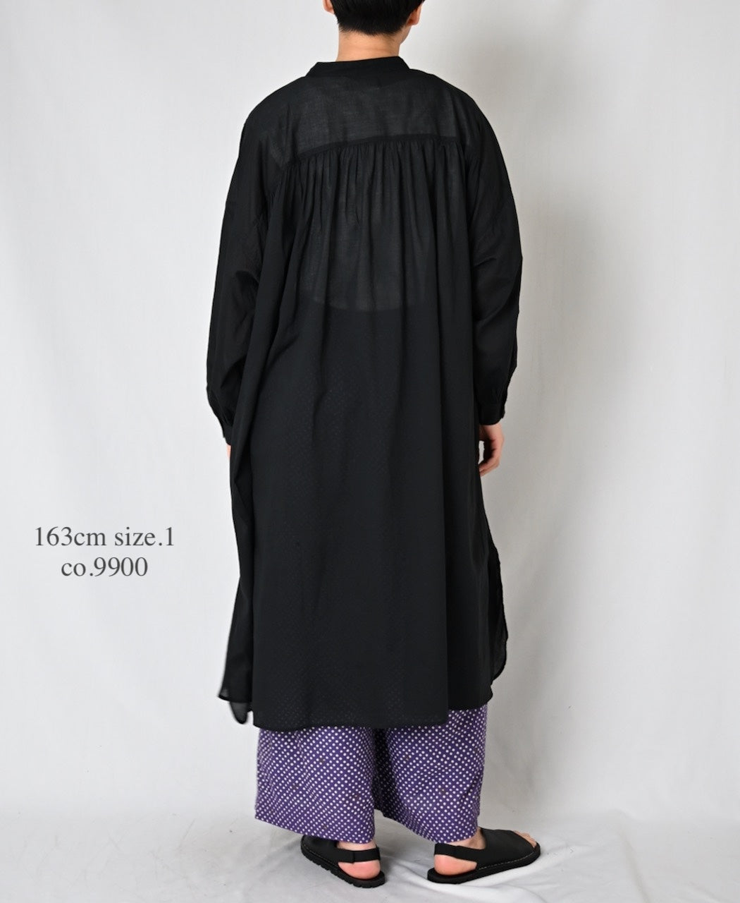 NSL26024 80s COTTON VOILE PLAIN BANDED COLLAR GATHERED SHIRT DRESS