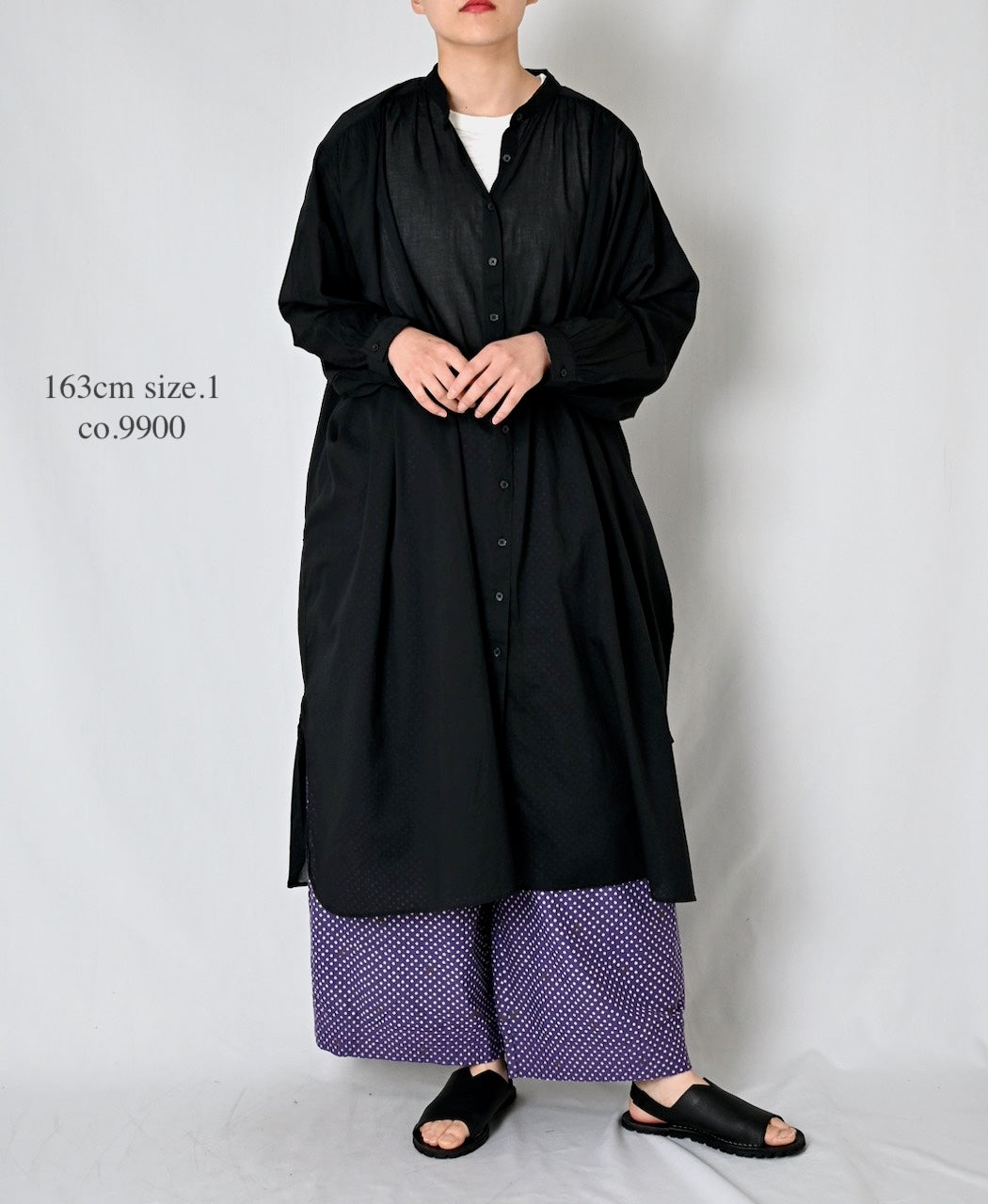NSL26024 80s COTTON VOILE PLAIN BANDED COLLAR GATHERED SHIRT DRESS