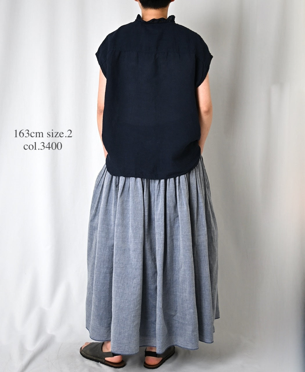 INMDS26043 HANDWOVEN YARN DYE CHAMBRAY PINTUCK FLARED SKIRT