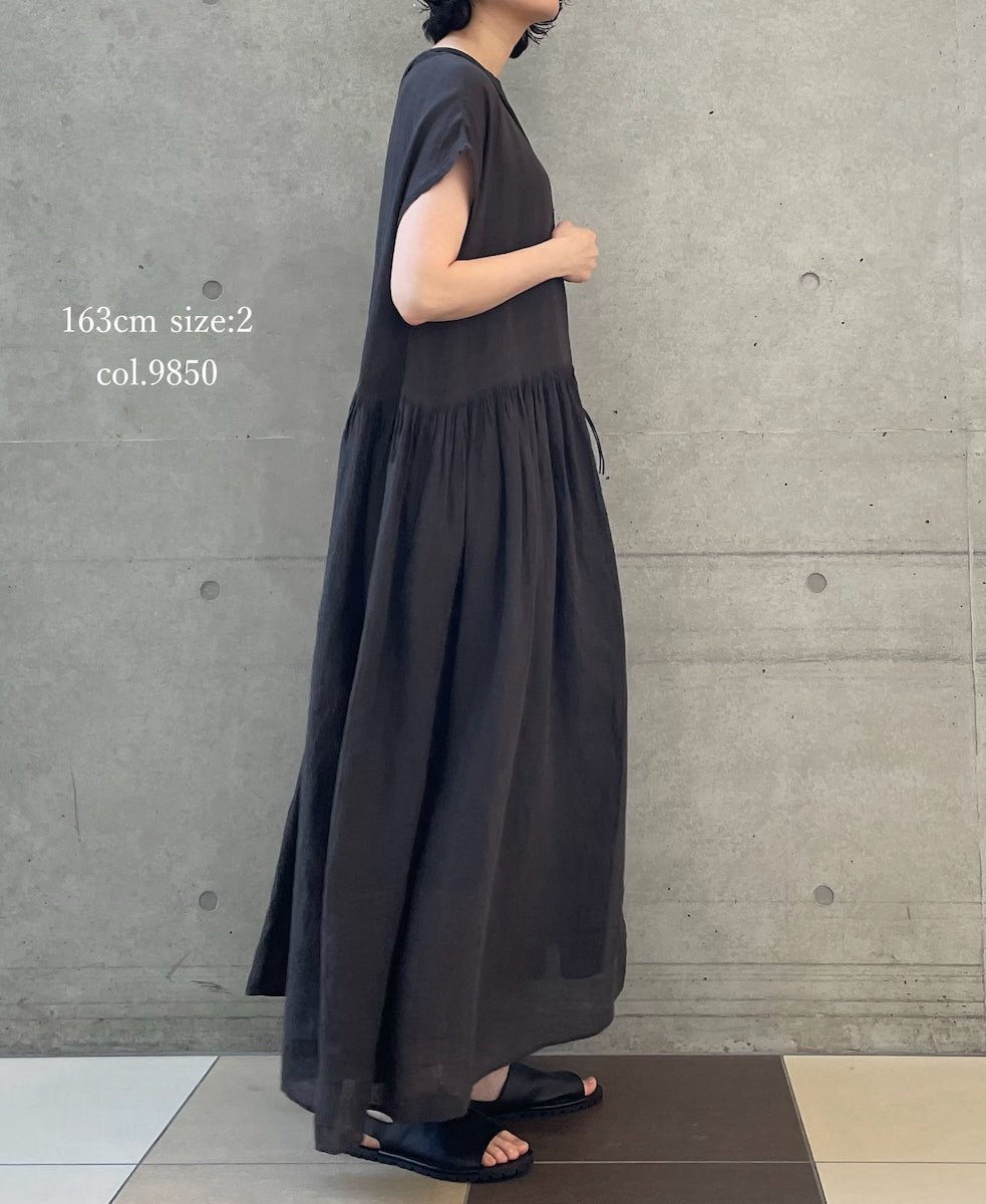 NMDS26272 80s POWER LOOM LINEN PLAIN BOAT-NECK LACE PULLOVER DRESS