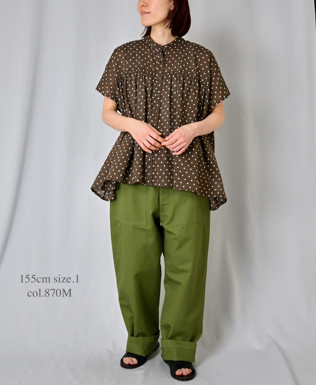NSL26051 80s COTTON VOILE DOT PRINT BANDED COLLAR FRENCH/SL SHIRT
