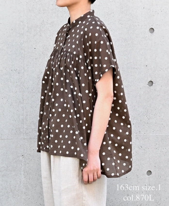 NSL26051 80s COTTON VOILE DOT PRINT BANDED COLLAR FRENCH/SL SHIRT