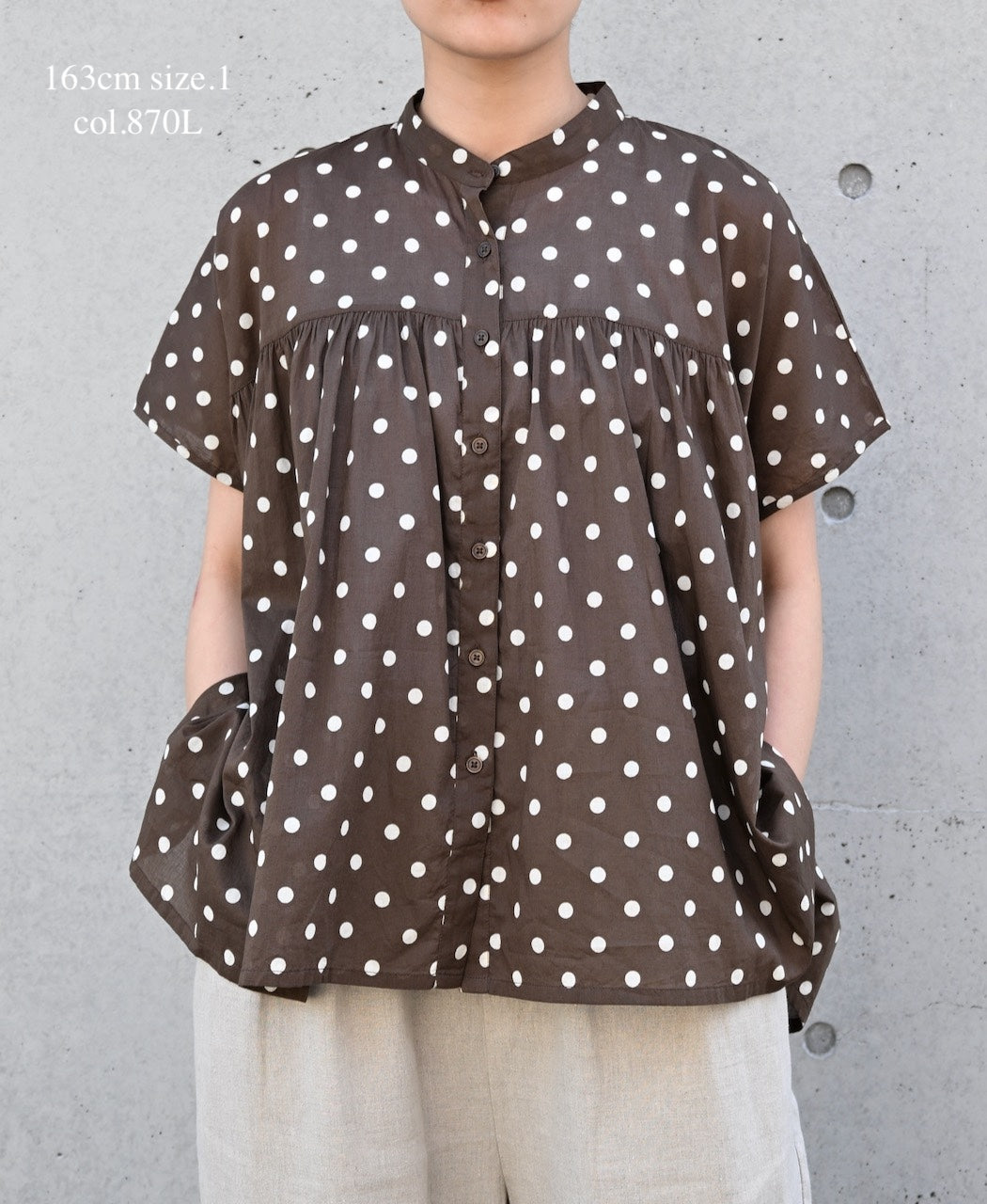 NSL26051 80s COTTON VOILE DOT PRINT BANDED COLLAR FRENCH/SL SHIRT