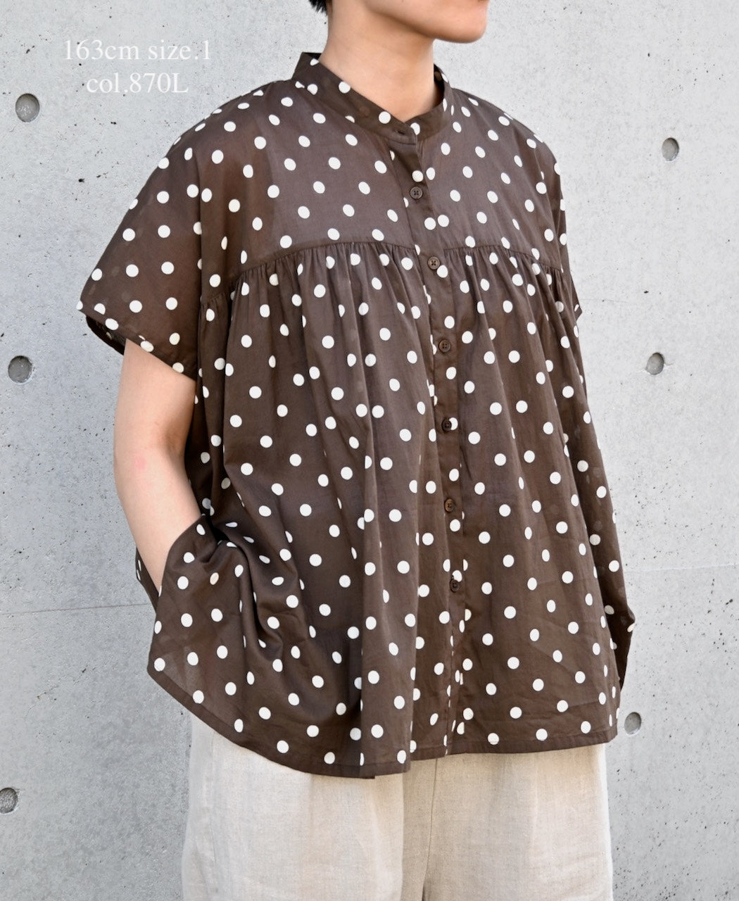 NSL26051 80s COTTON VOILE DOT PRINT BANDED COLLAR FRENCH/SL SHIRT