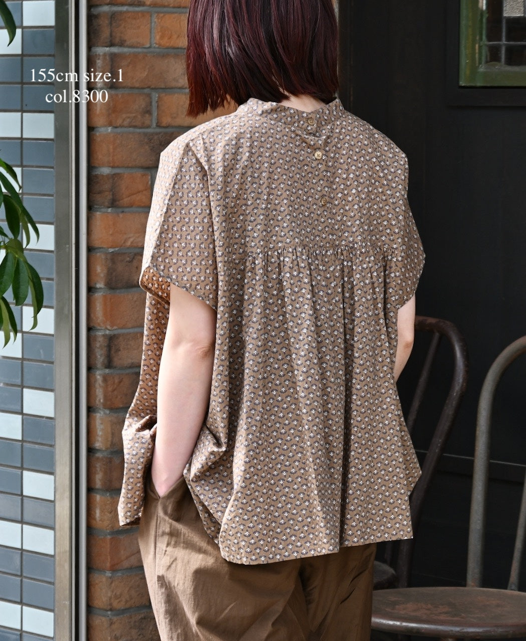 NSL26032 COTTON SLUB SMALL FLOWR PRINT BACK OPENING STAND COLLAR SHIRT