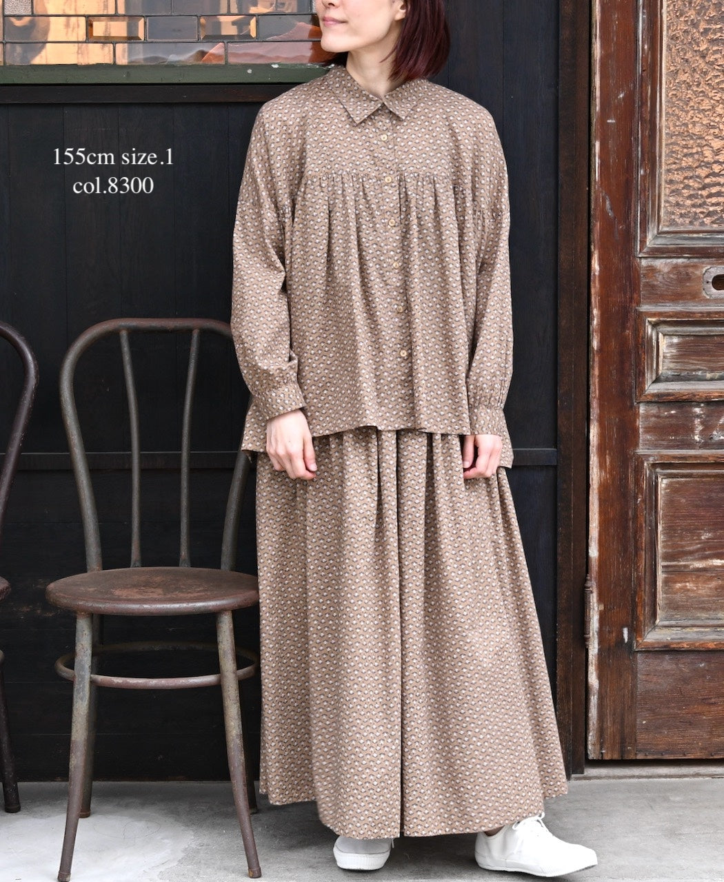 NSL26031 COTTON SLUB SMALL FLOWER PRINT REGULAR COLLAR GATHERED SHIRT SMOCK