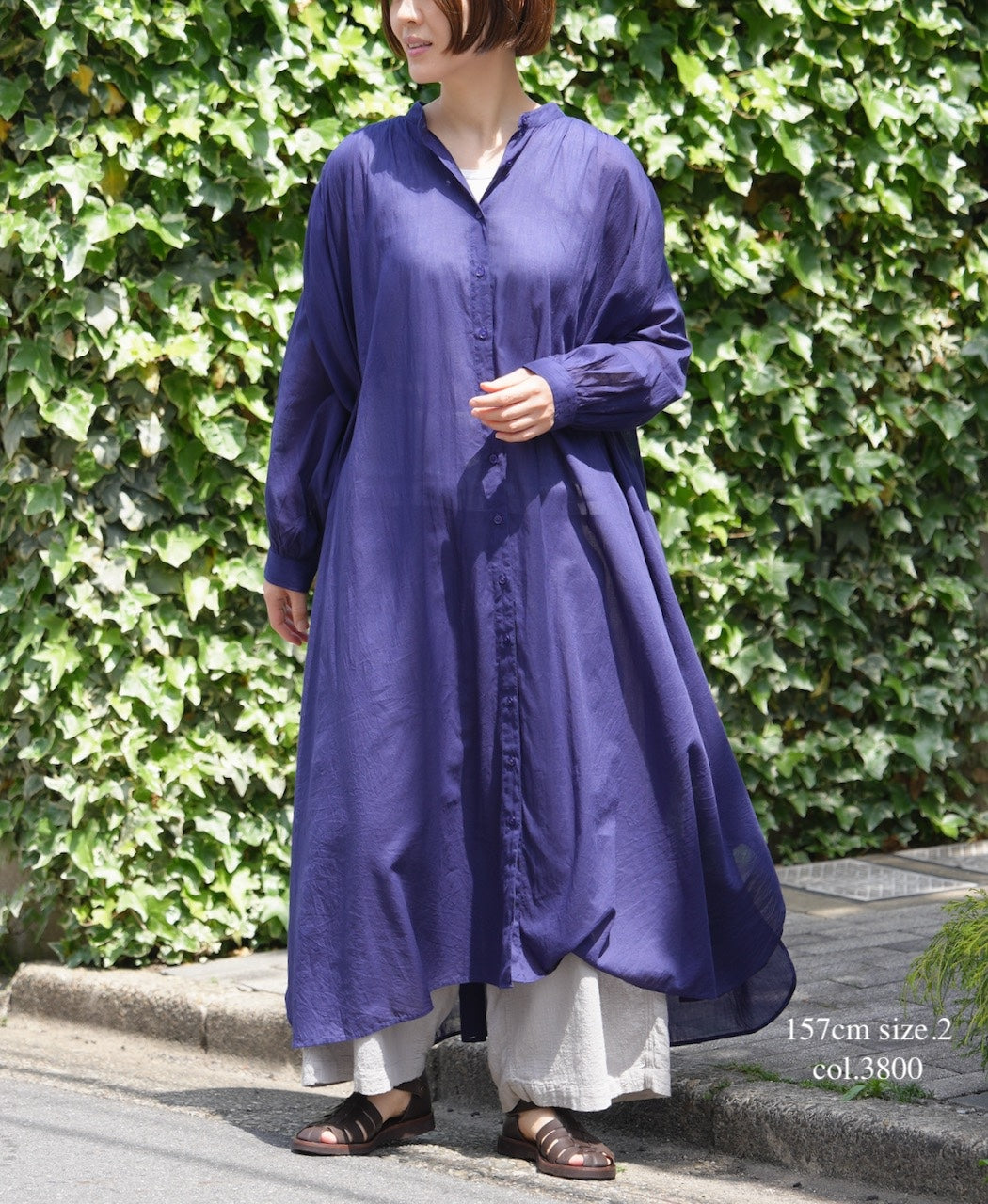 NSL26024 80s COTTON VOILE PLAIN BANDED COLLAR GATHERED SHIRT DRESS