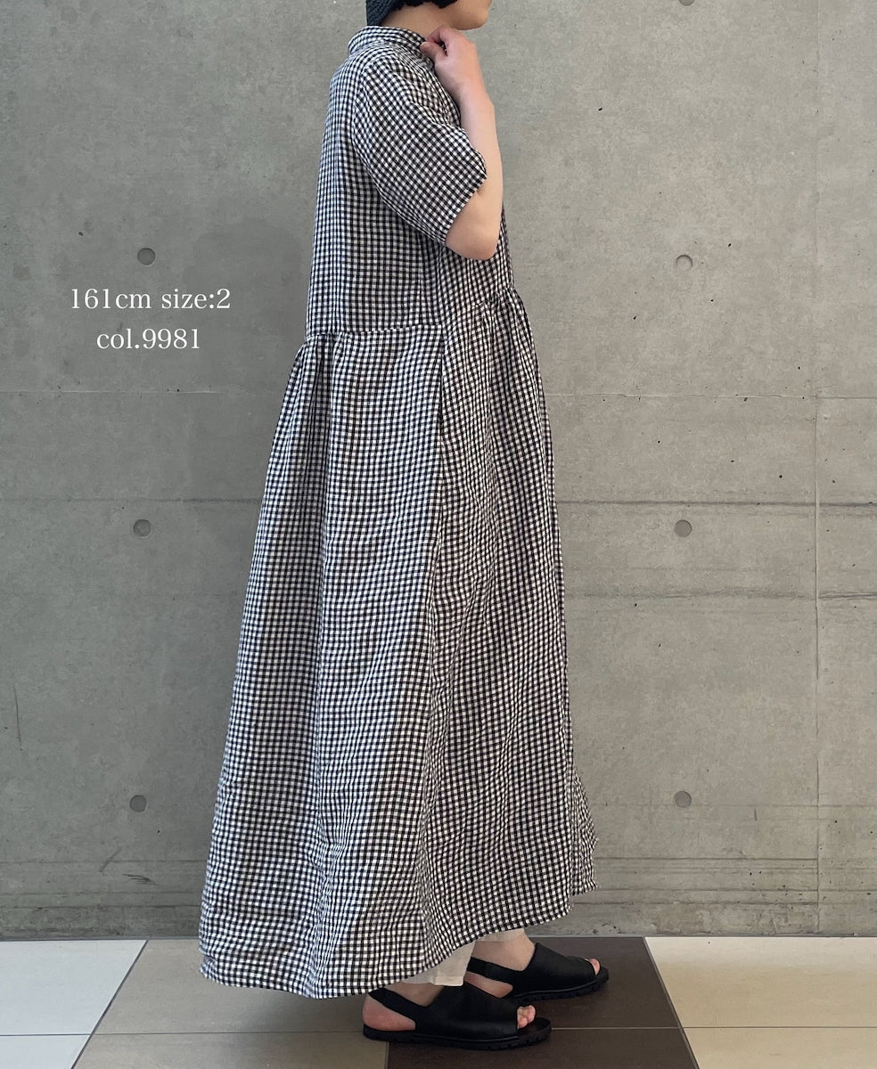 INSL26313 60s LINEN GINGHAM CHECK REGULAR COLLAR S/SL DRESS