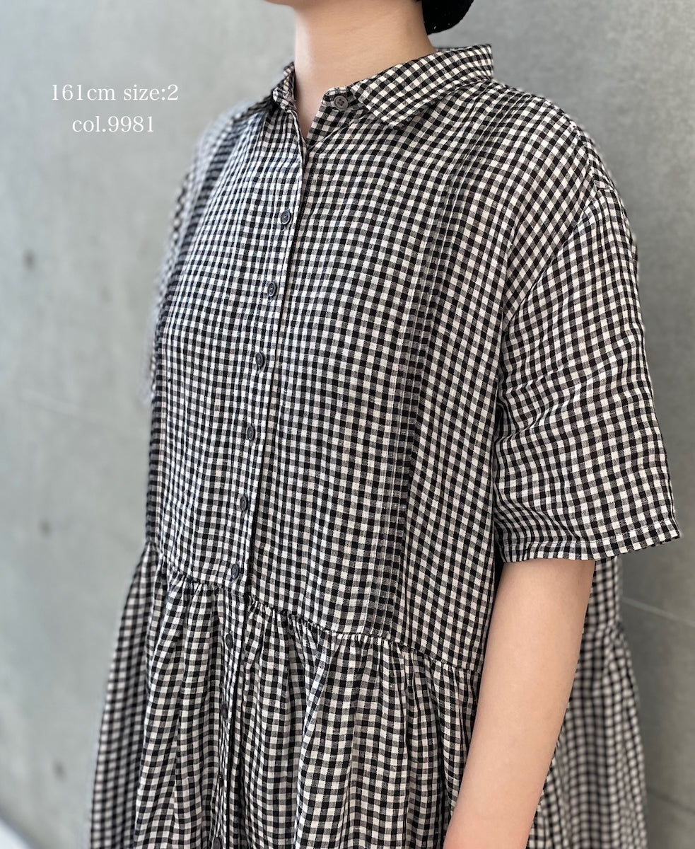 INSL26313 60s LINEN GINGHAM CHECK REGULAR COLLAR S/SL DRESS