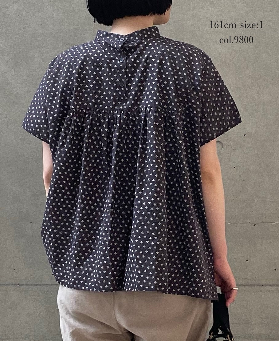 NSL26032 COTTON SLUB SMALL FLOWR PRINT BACK OPENING STAND COLLAR SHIRT