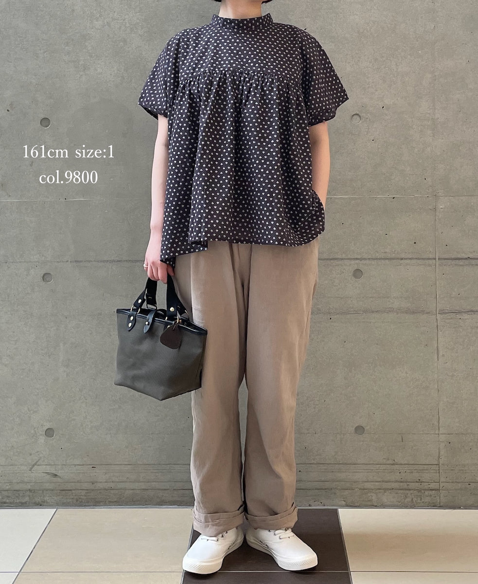 NSL26032 COTTON SLUB SMALL FLOWR PRINT BACK OPENING STAND COLLAR SHIRT