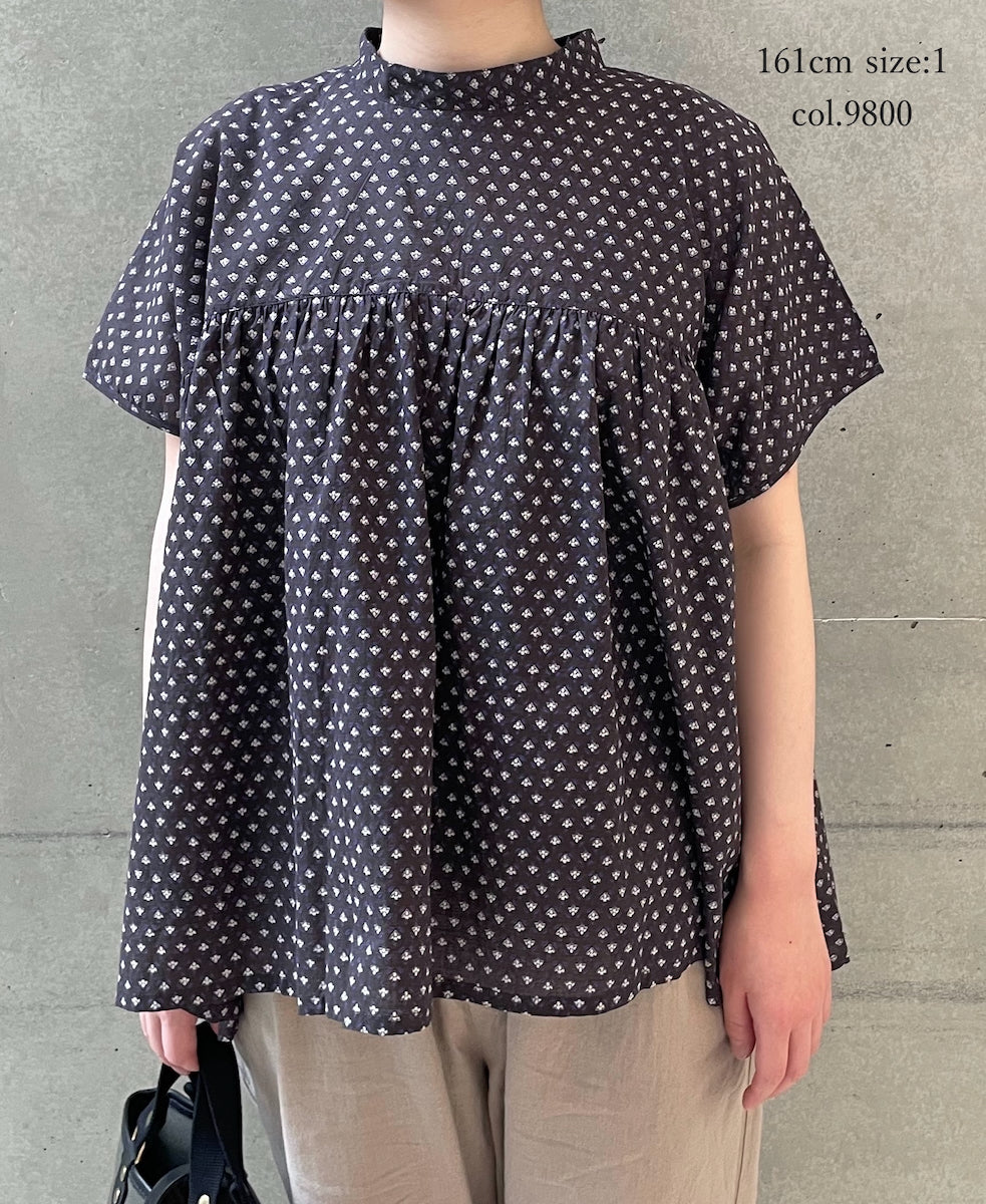 NSL26032 COTTON SLUB SMALL FLOWR PRINT BACK OPENING STAND COLLAR SHIRT