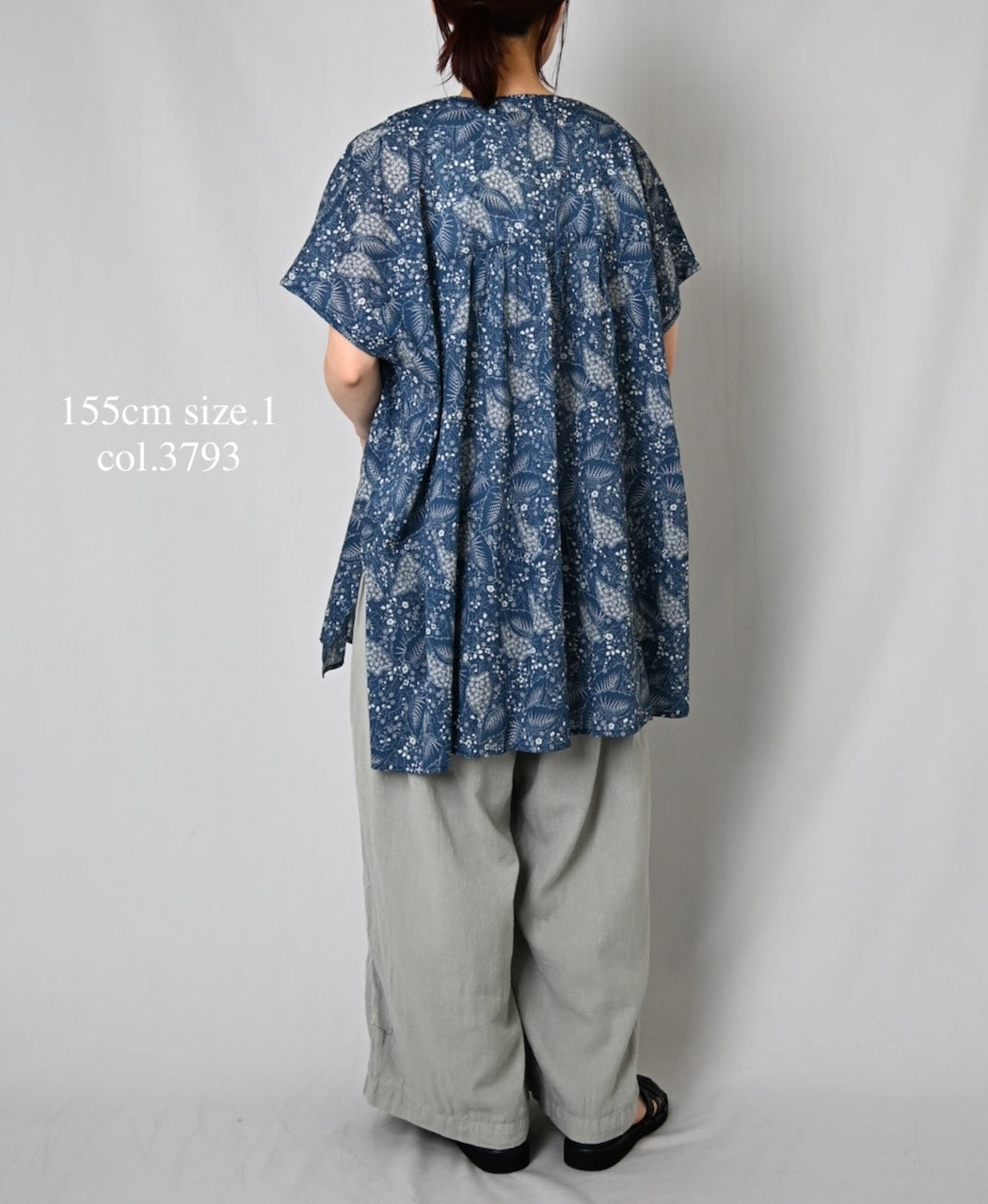NSL26064 80s VOILE LEAF & FLOWER PRINT V-NECK FRENCH/SL TUNIC