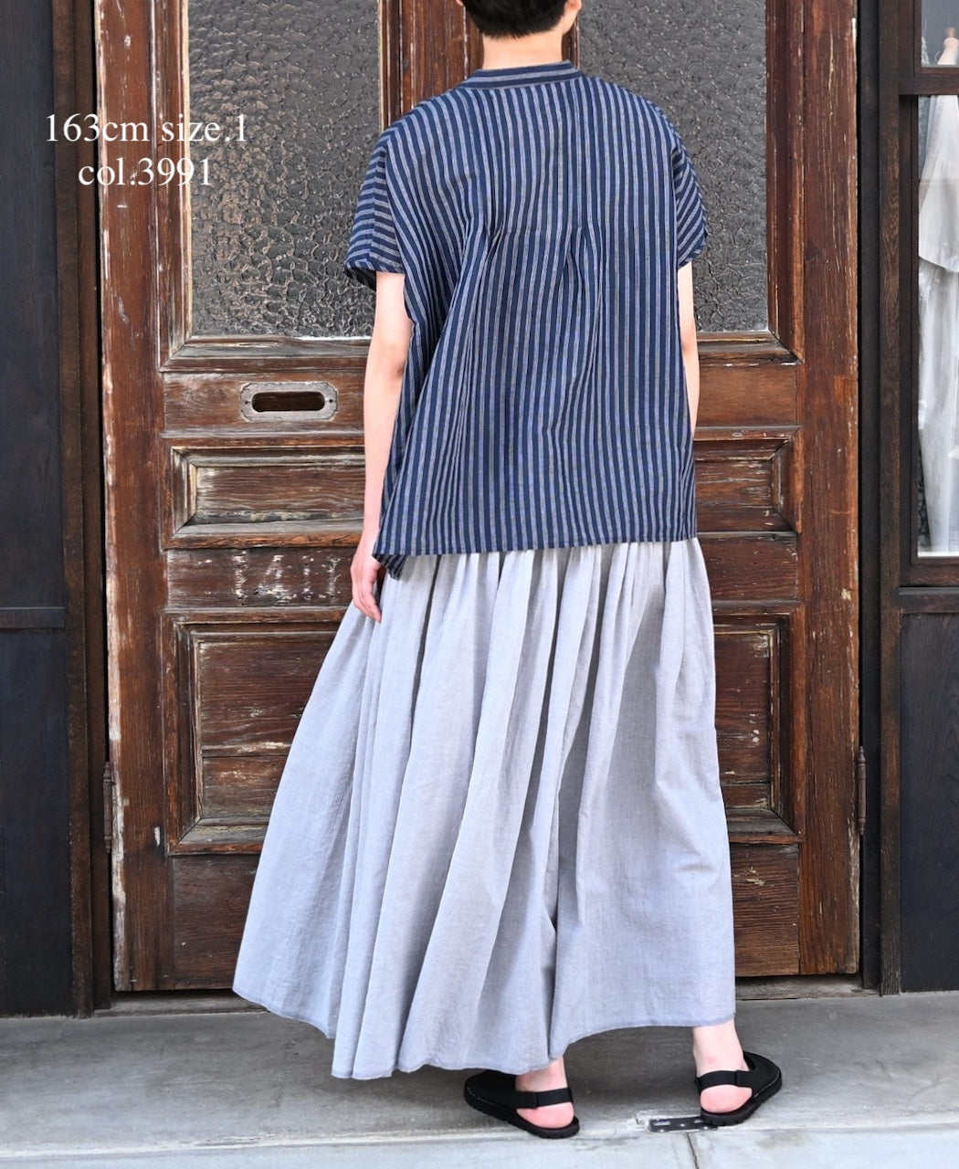 INSL26331 60s AUTO LOOM COTTON/LINEN STRIPE BANDED COLLAR FRENCH/SL PINTUCK SHIRTS
