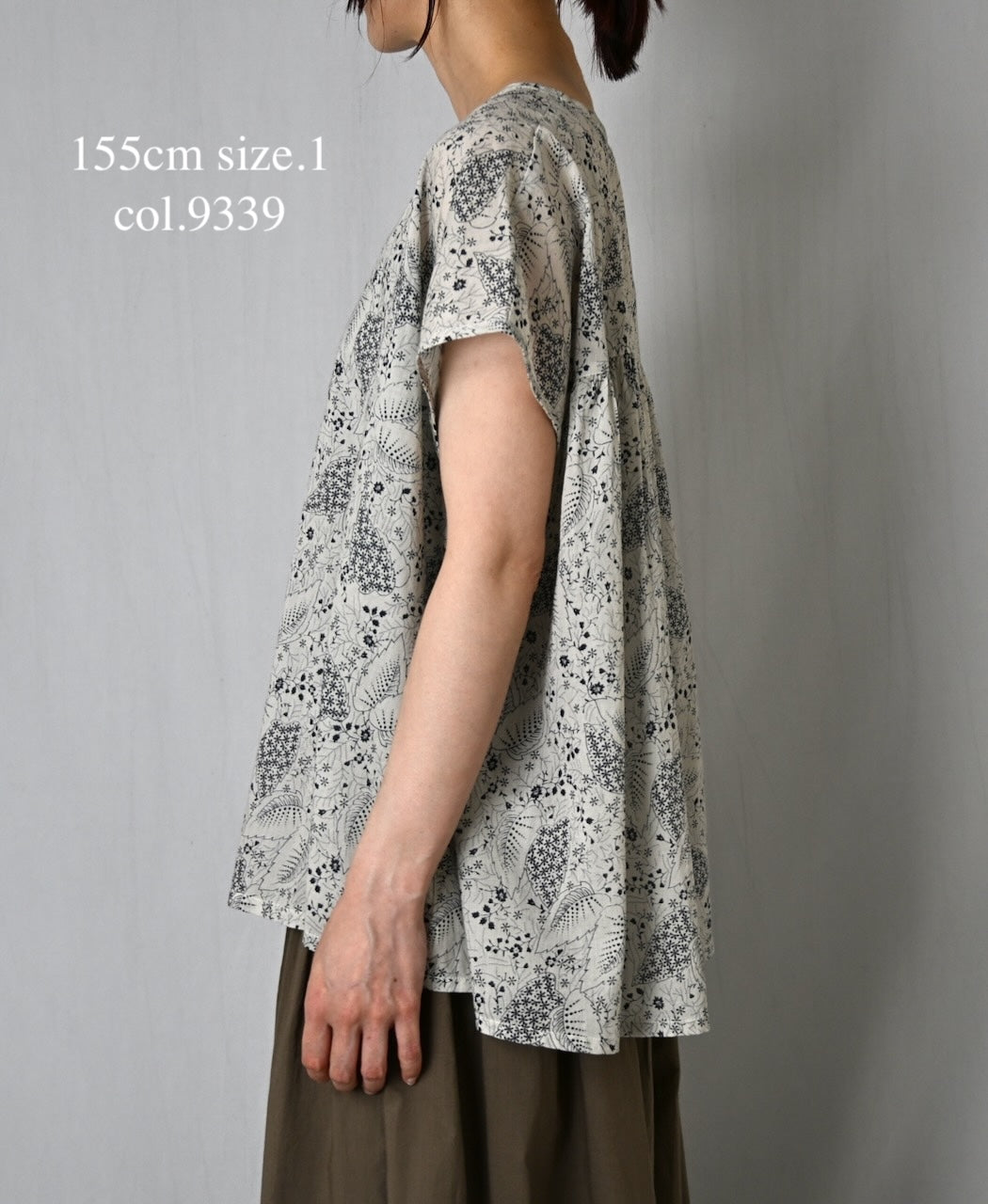 NSL26062 80s VOILE LEAF & FLOWER PRINT FRENCH/SL BACK SIDE GATHERED SMOCK