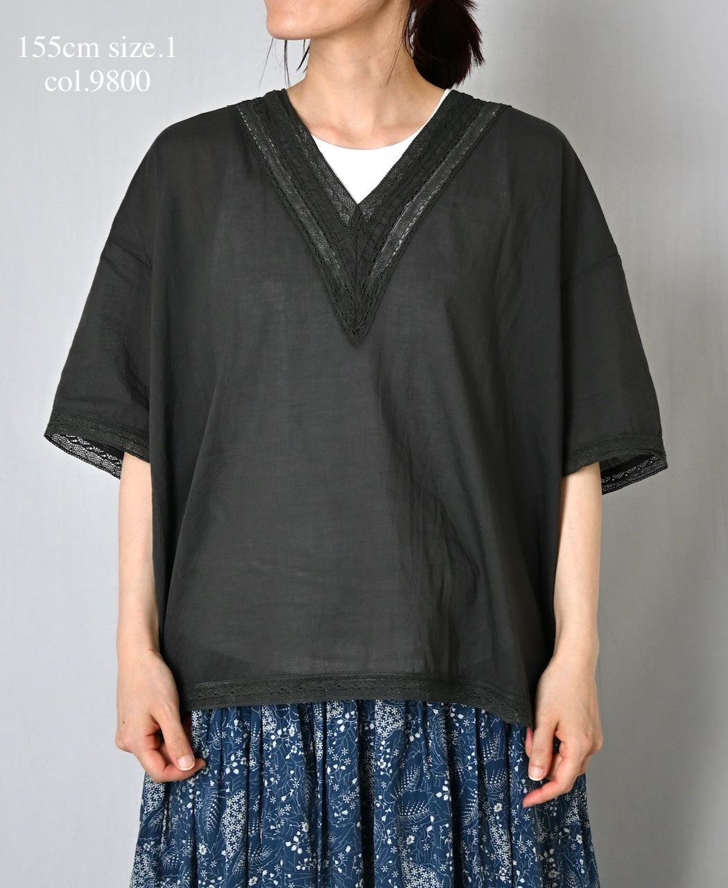 NSL24032 80s COTTON VOILE LACE V-NECK LACE S/SL PULLOVER