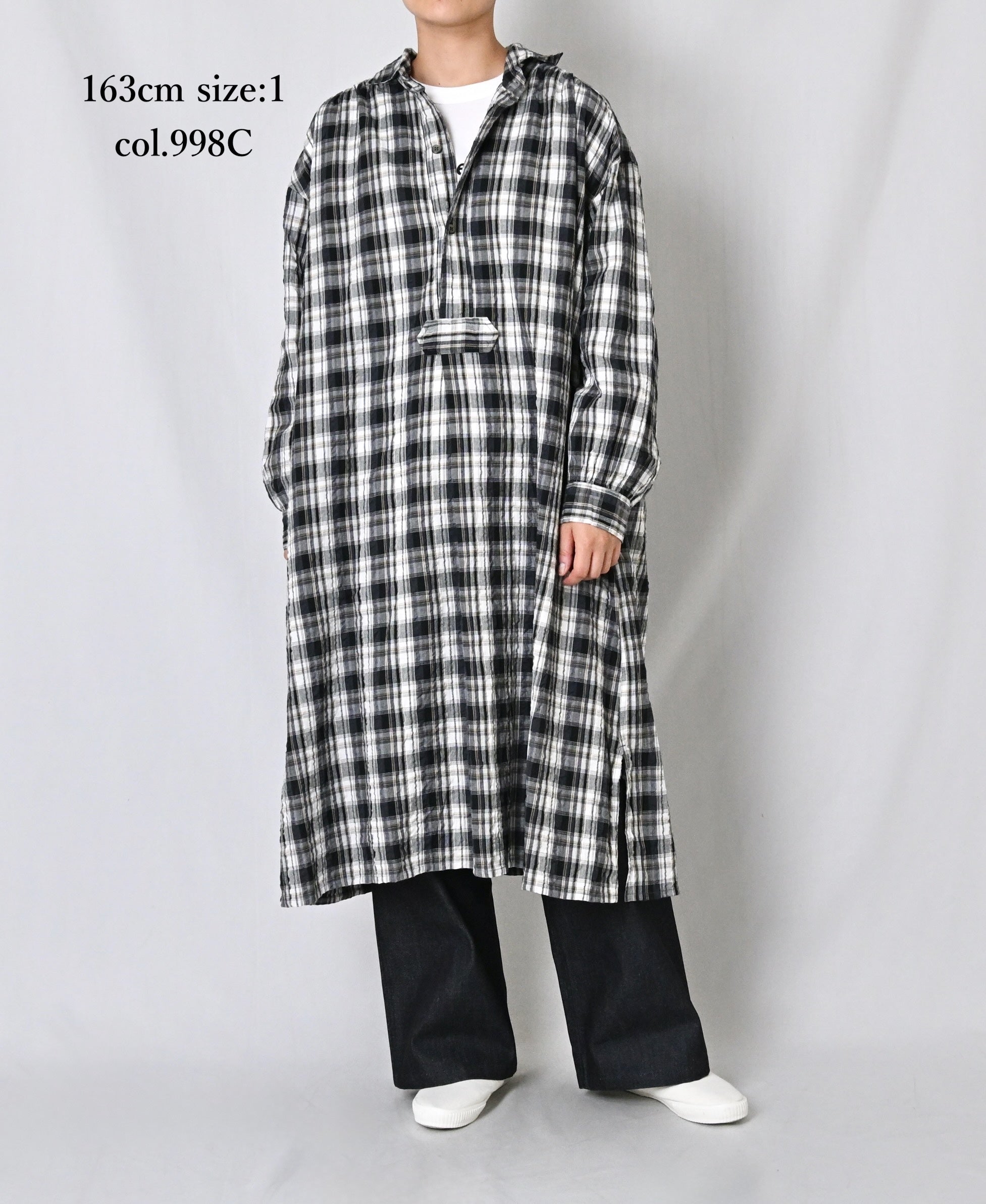 INAM2673 YARN DYED COTTON CHECK WORK GATHER LONG SHIRT