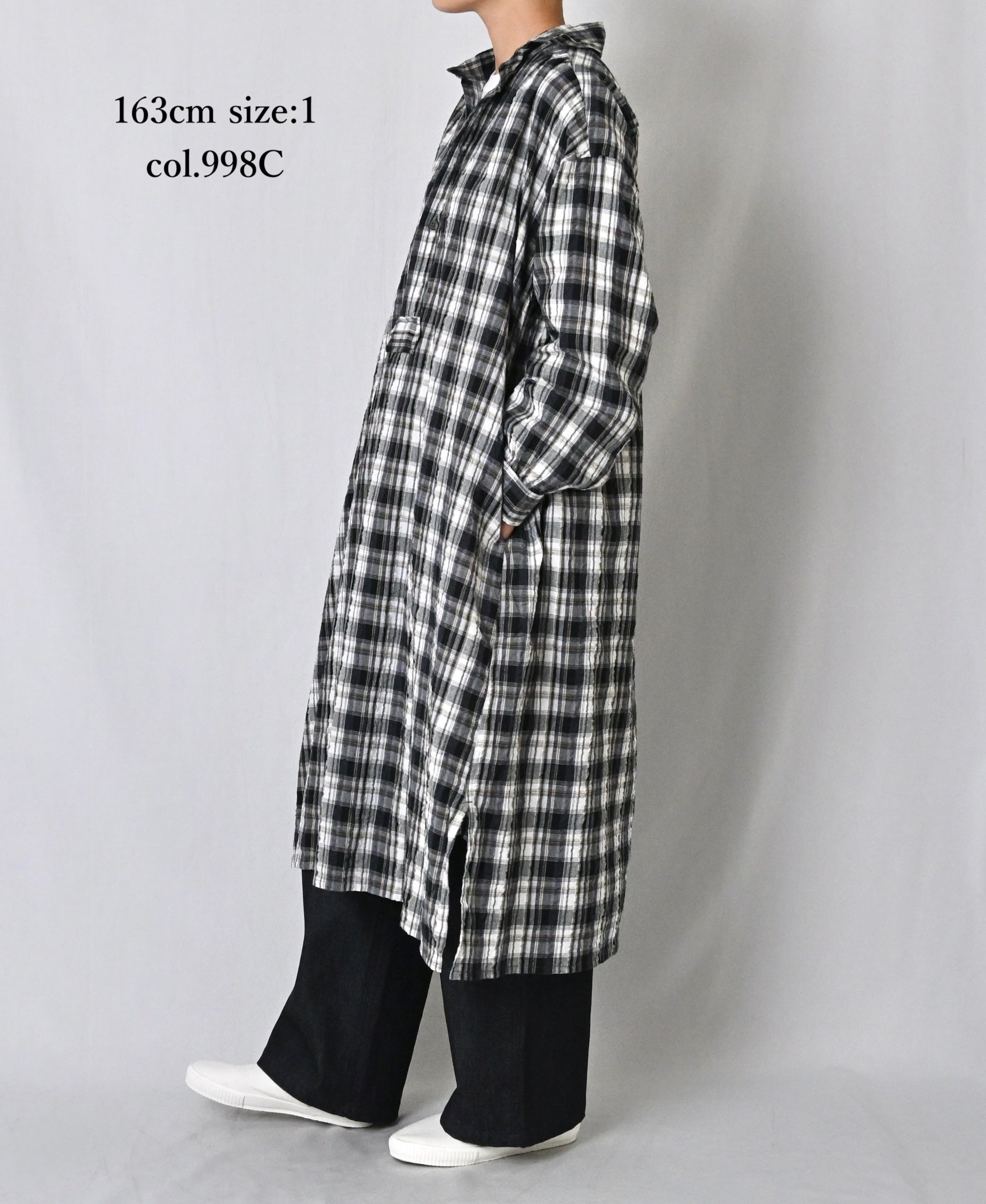 INAM2673 YARN DYED COTTON CHECK WORK GATHER LONG SHIRT