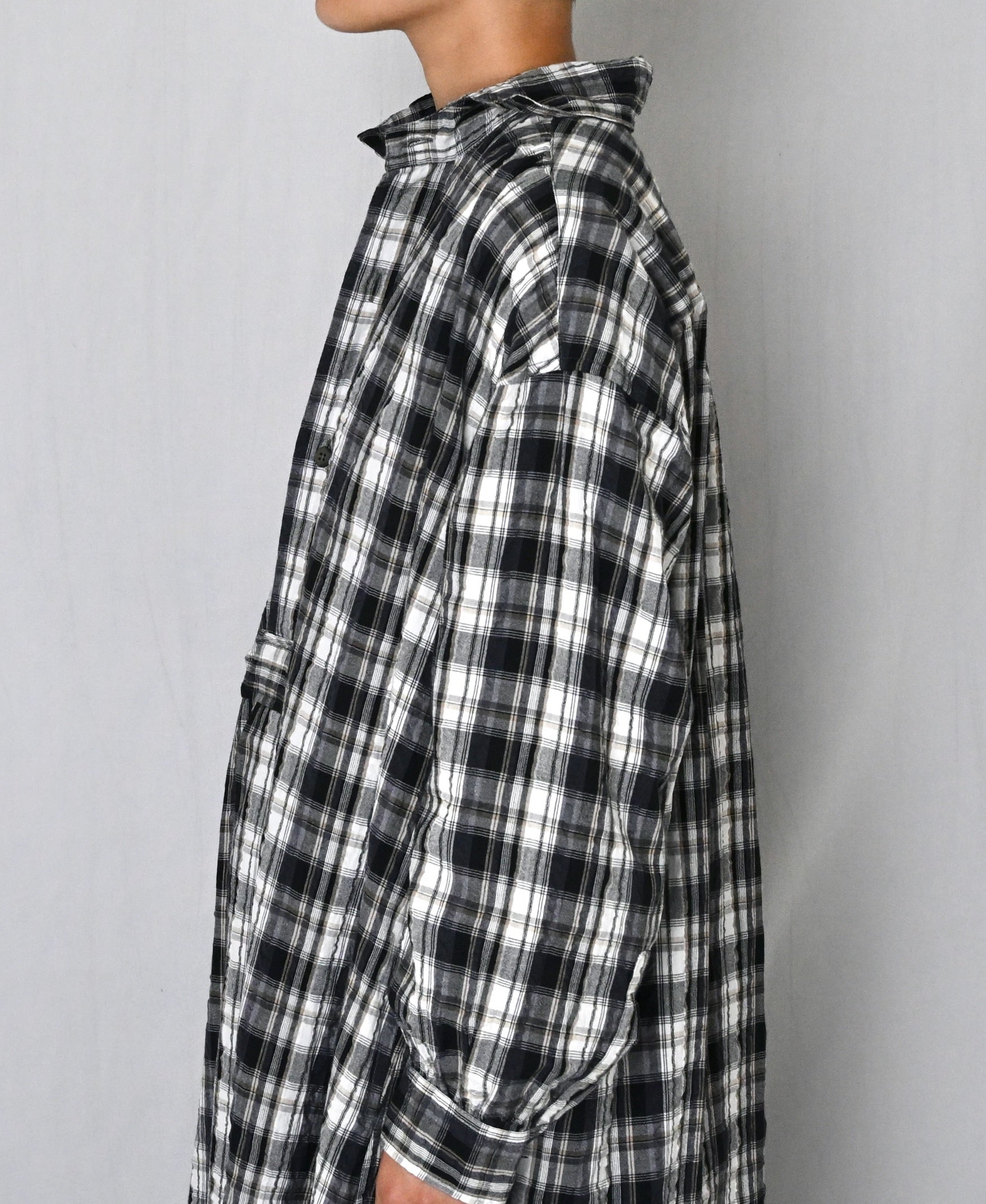 INAM2673 YARN DYED COTTON CHECK WORK GATHER LONG SHIRT