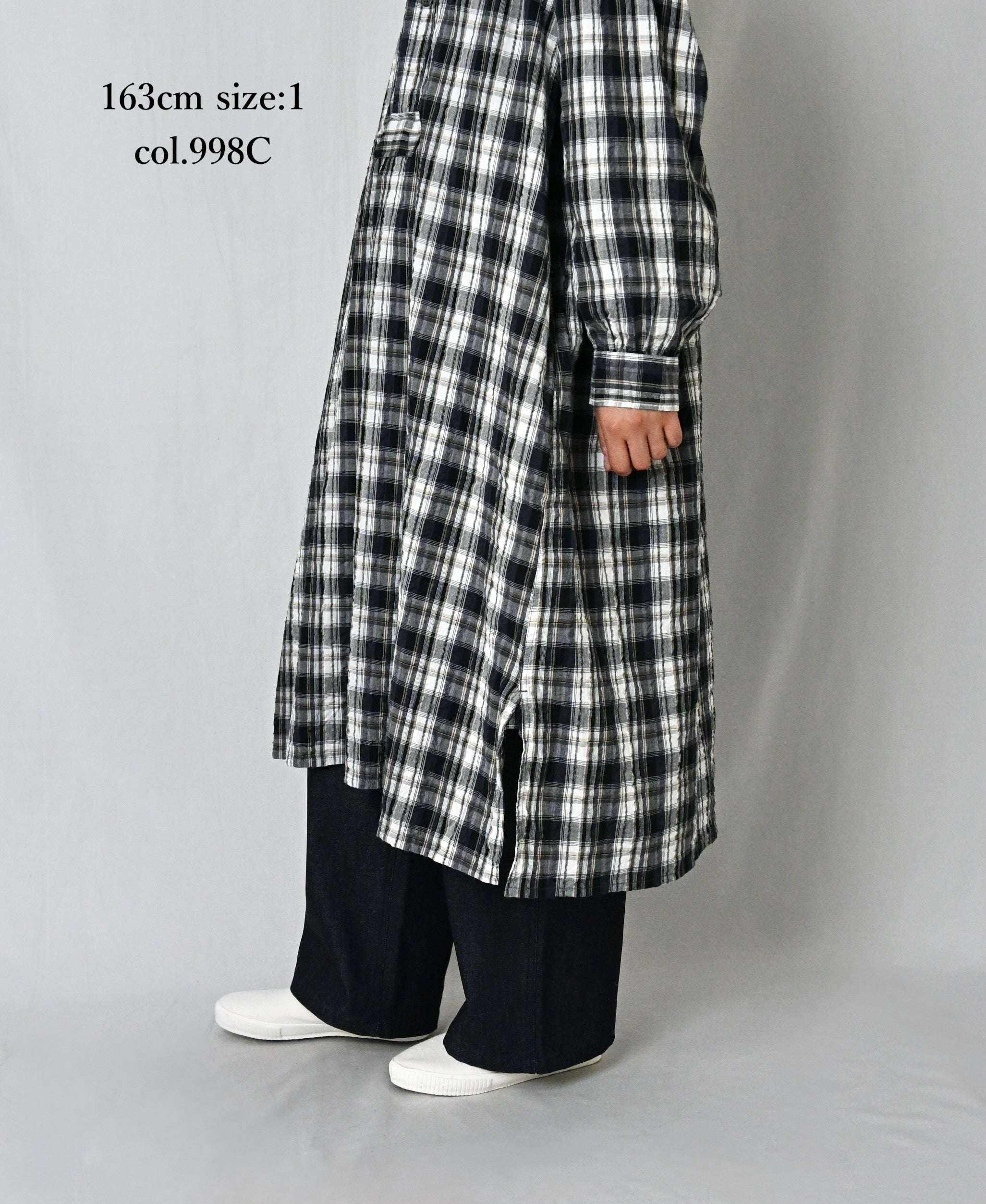 INAM2673 YARN DYED COTTON CHECK WORK GATHER LONG SHIRT