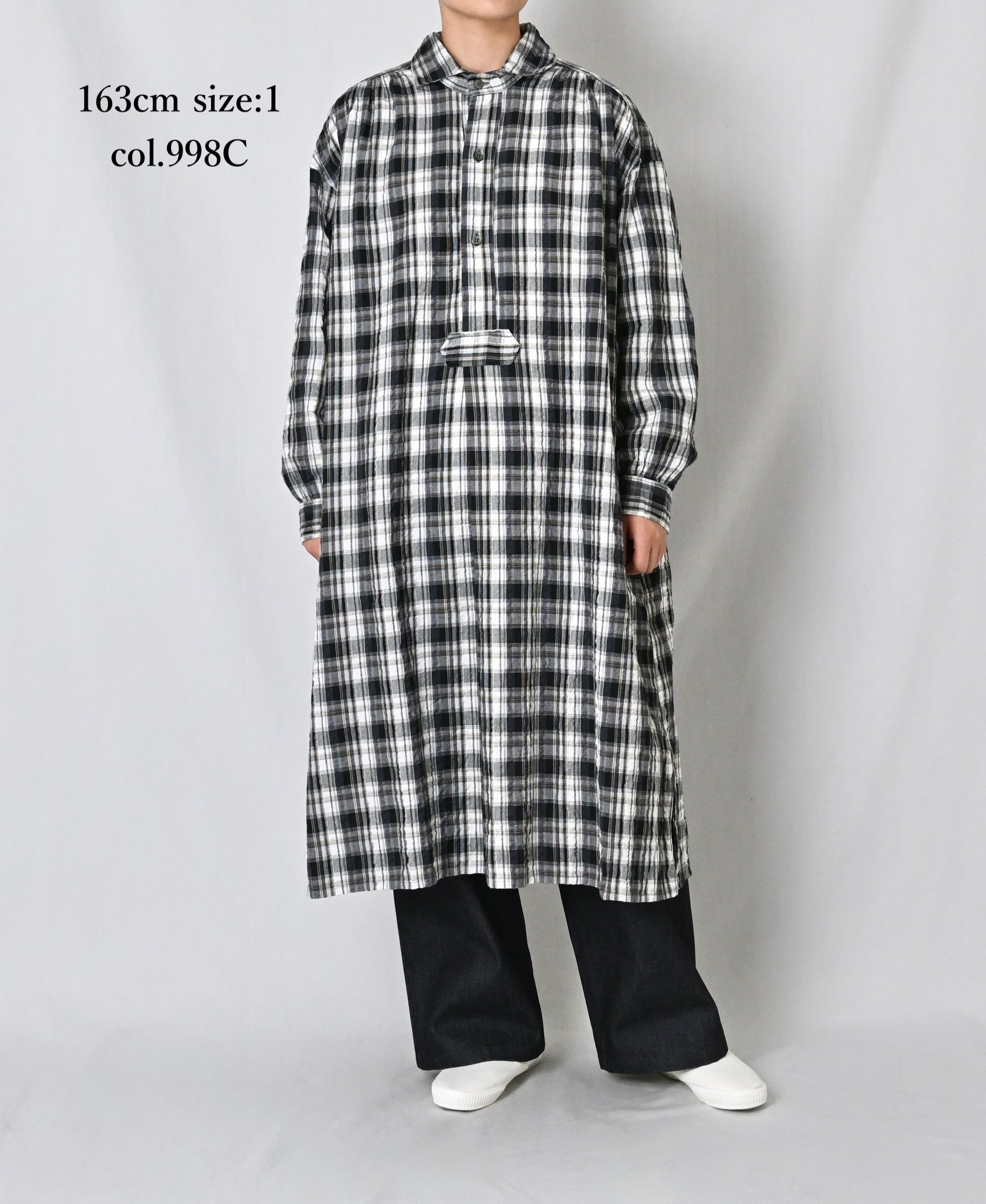 INAM2673 YARN DYED COTTON CHECK WORK GATHER LONG SHIRT