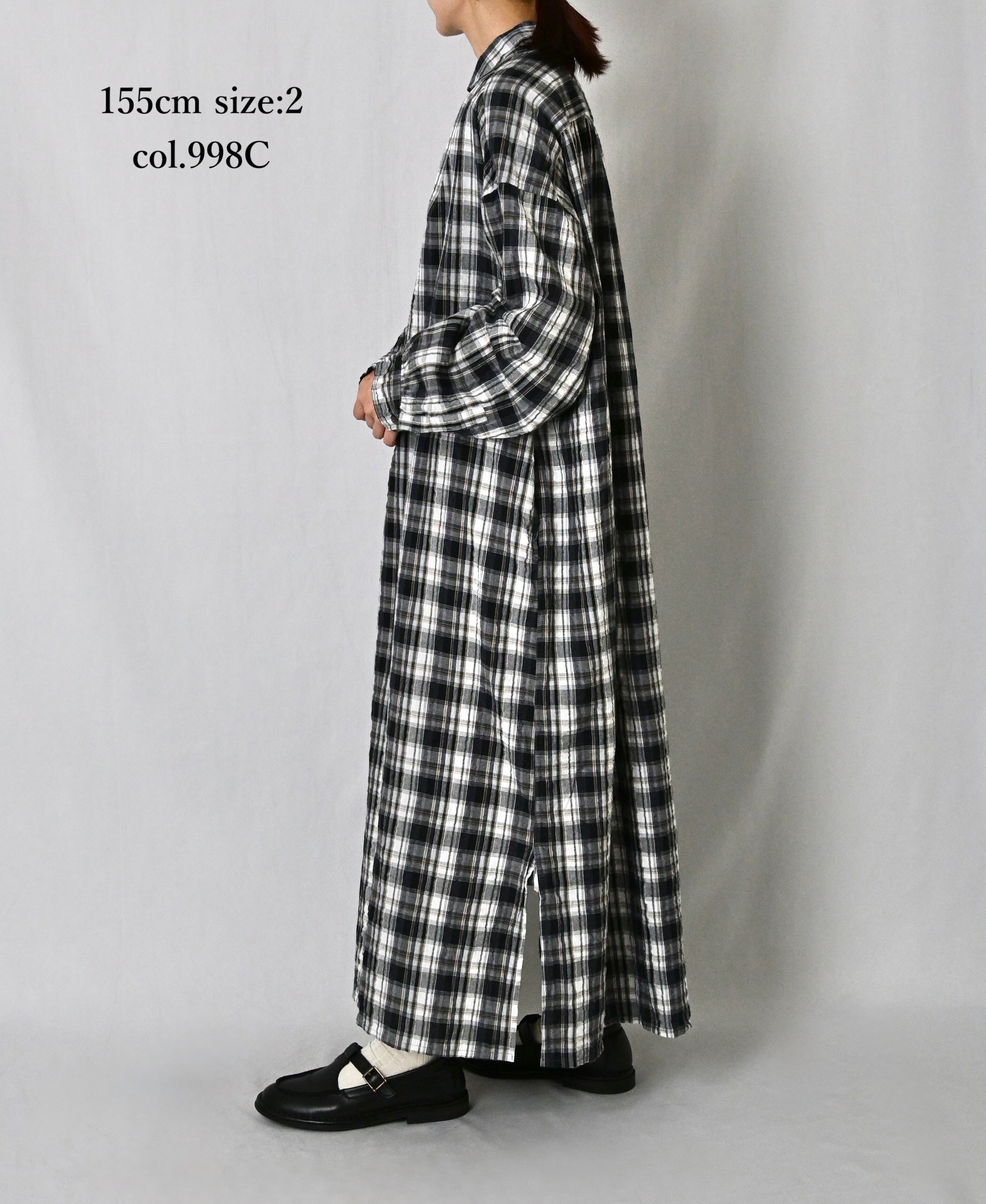 INAM2673 YARN DYED COTTON CHECK WORK GATHER LONG SHIRT