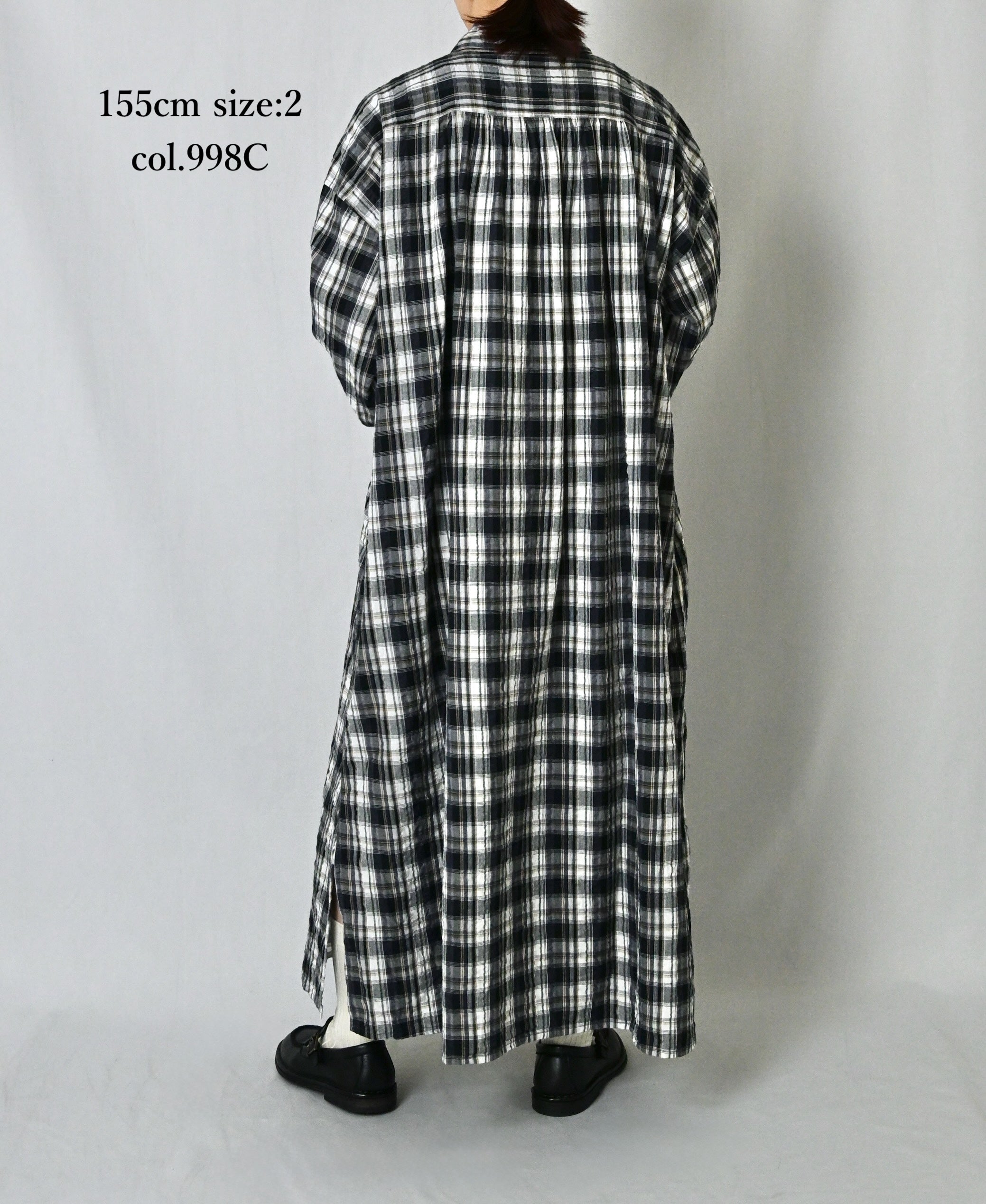 INAM2673 YARN DYED COTTON CHECK WORK GATHER LONG SHIRT