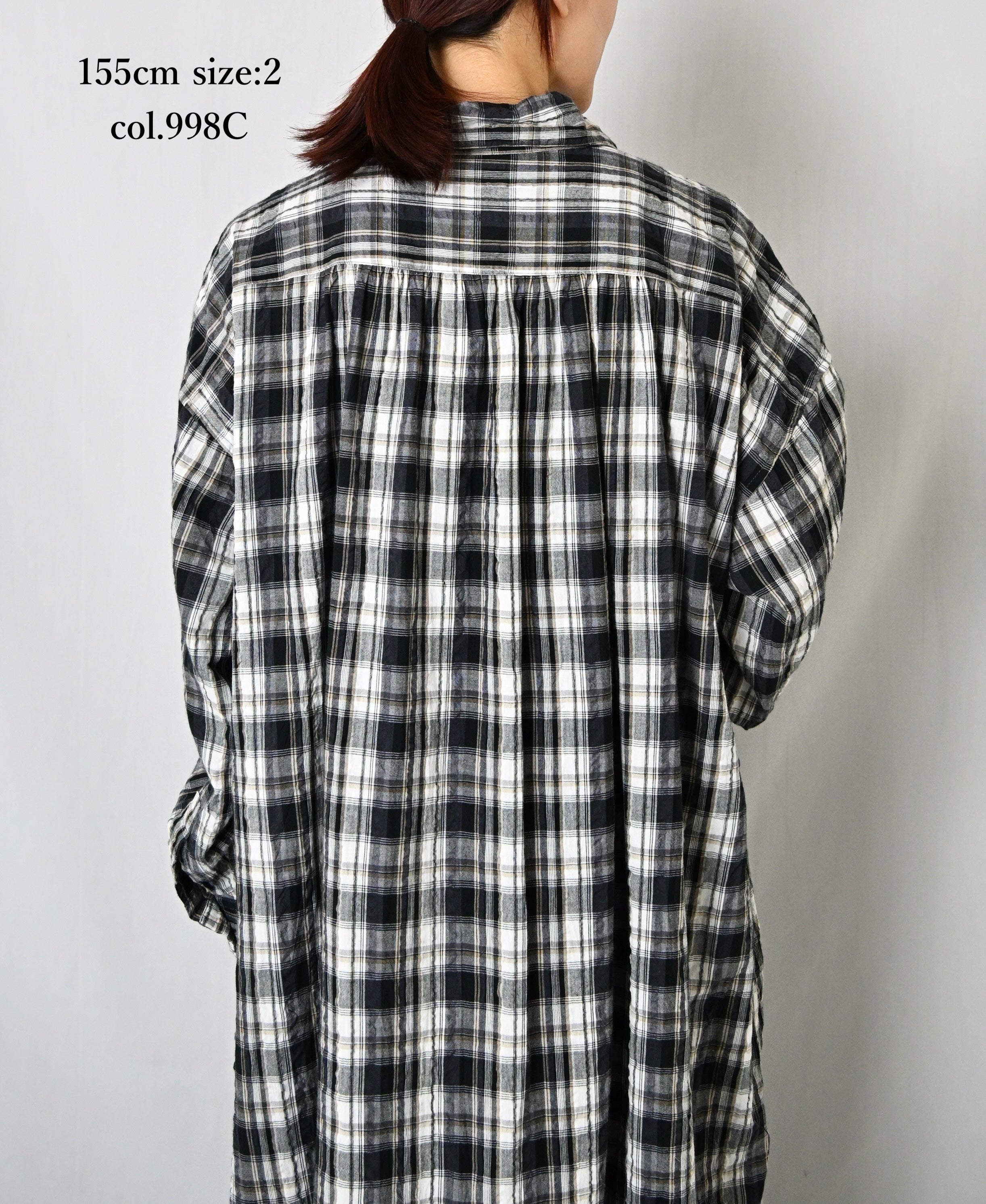 INAM2673 YARN DYED COTTON CHECK WORK GATHER LONG SHIRT