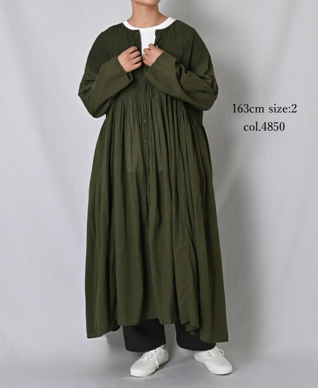 NMDS26604D ORGANIC MICRO CHK&VOILE PLAIN PATCHWORK OVERDYE CREW-NECK BUTTON SHIRT MAXI DRESS WITH PINTUCK