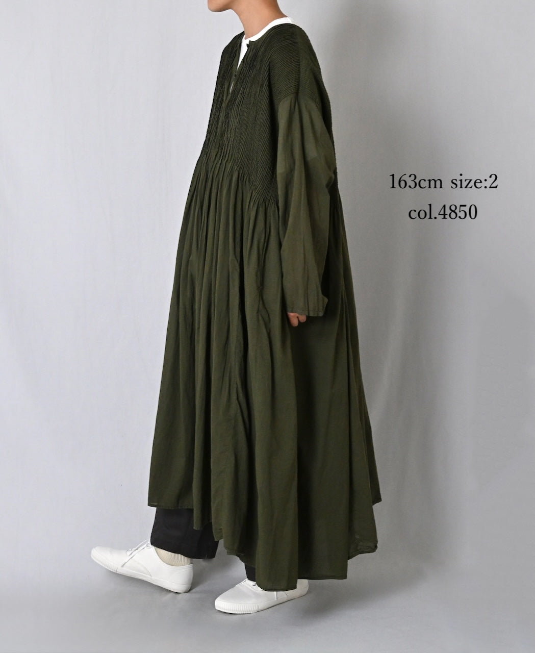 NMDS26604D ORGANIC MICRO CHK&VOILE PLAIN PATCHWORK OVERDYE CREW-NECK BUTTON SHIRT MAXI DRESS WITH PINTUCK