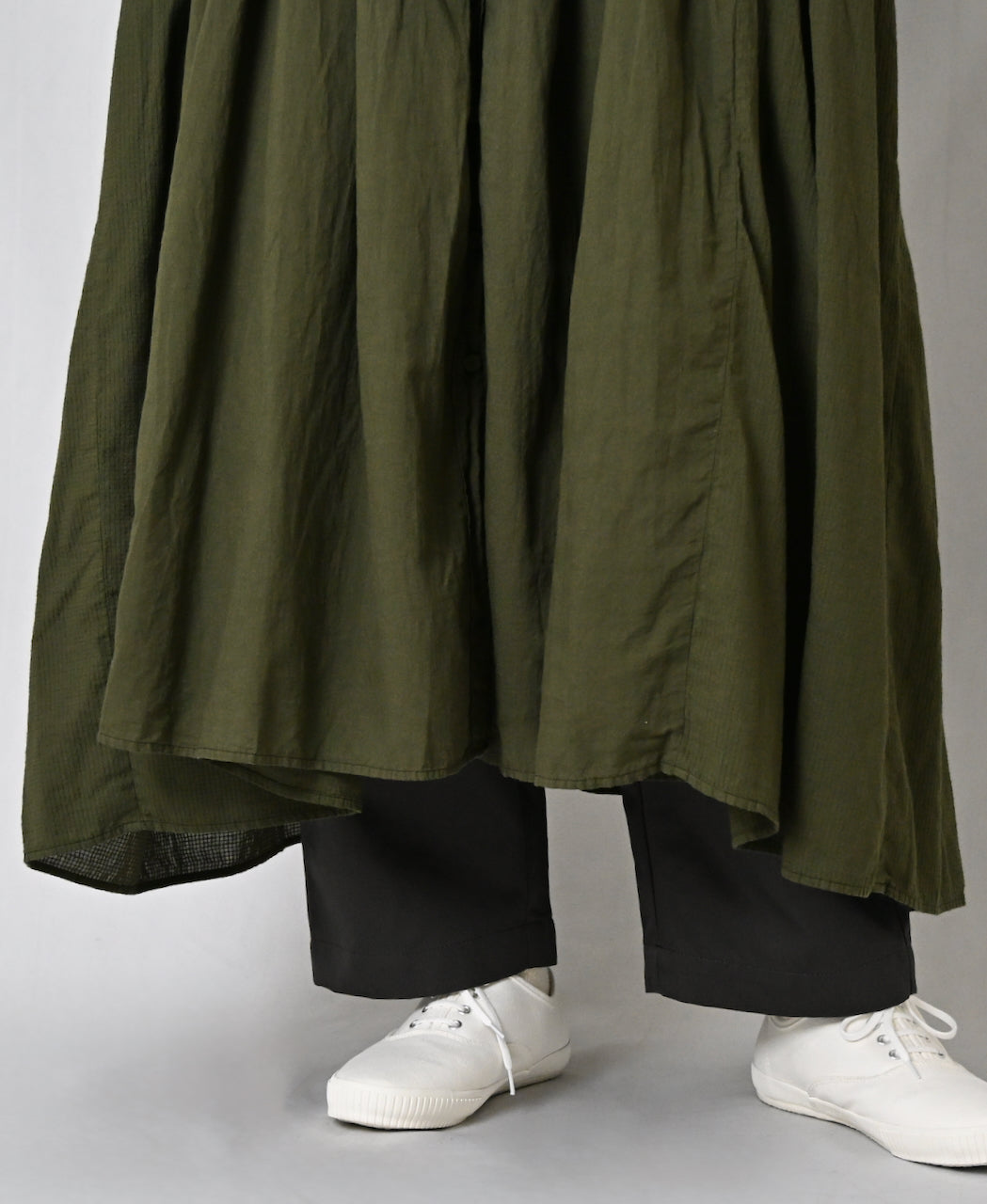 NMDS26604D ORGANIC MICRO CHK&VOILE PLAIN PATCHWORK OVERDYE CREW-NECK BUTTON SHIRT MAXI DRESS WITH PINTUCK