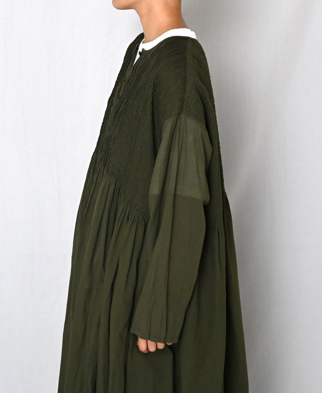 NMDS26604D ORGANIC MICRO CHK&VOILE PLAIN PATCHWORK OVERDYE CREW-NECK BUTTON SHIRT MAXI DRESS WITH PINTUCK