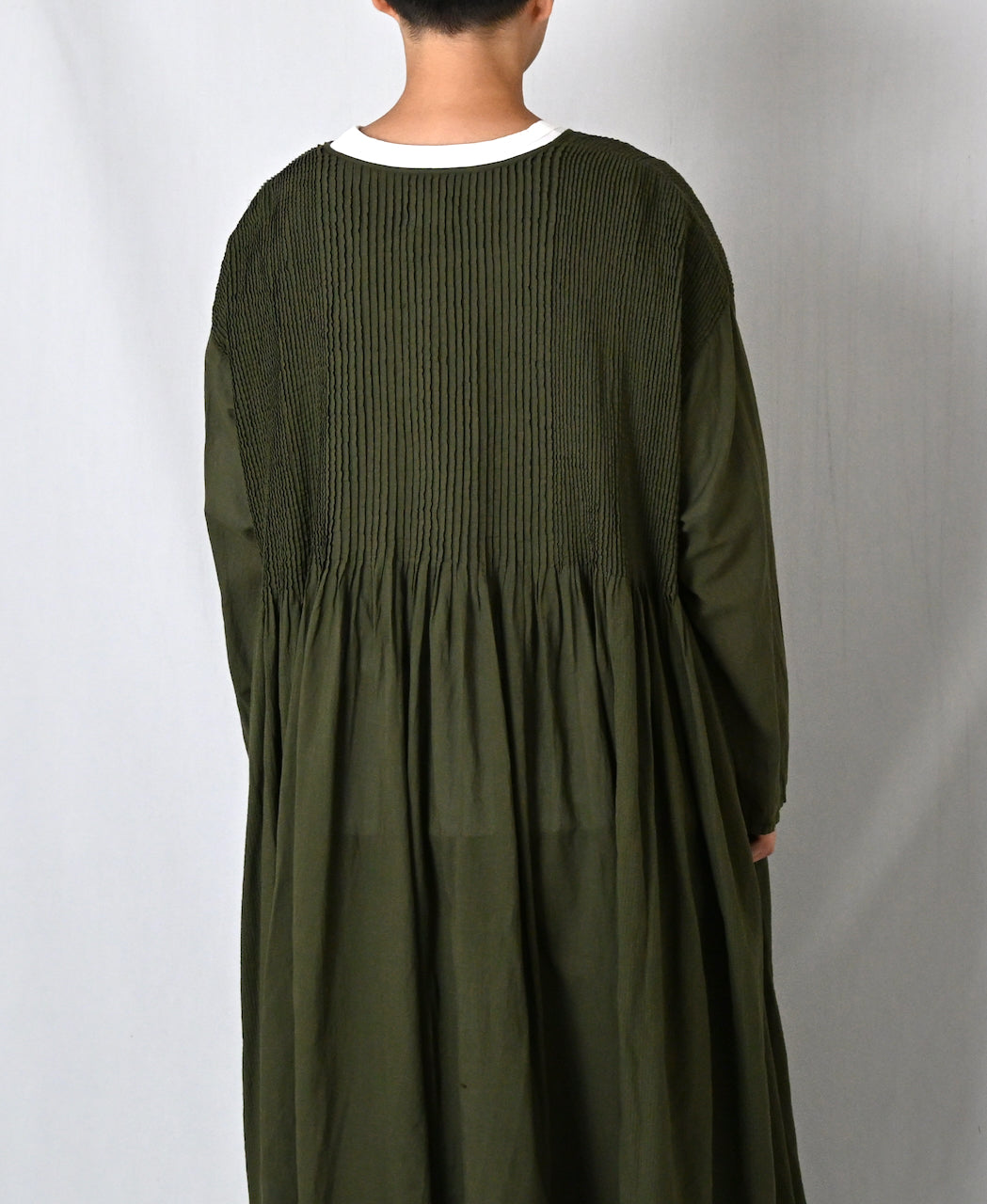 NMDS26604D ORGANIC MICRO CHK&VOILE PLAIN PATCHWORK OVERDYE CREW-NECK BUTTON SHIRT MAXI DRESS WITH PINTUCK