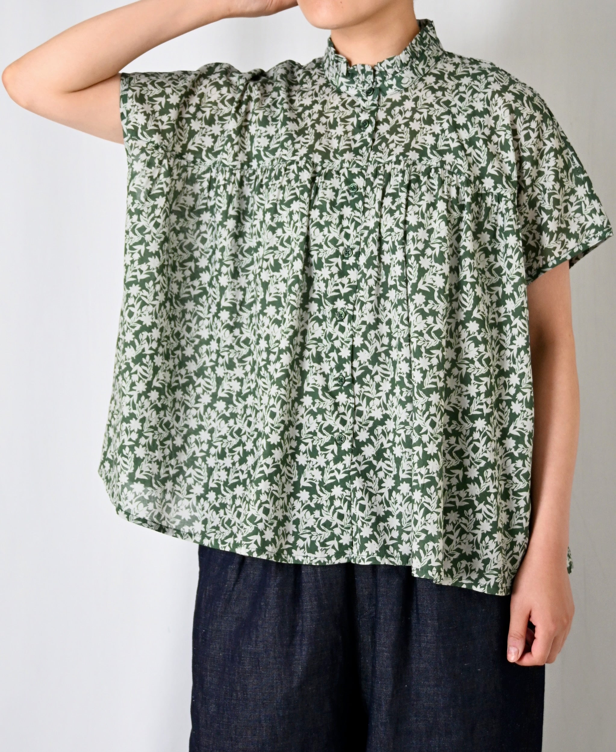 NSL26071 80s VOILE TWO TONE FLOWER PRINT FRILL COLLAR FRENCH/SL SHIRT