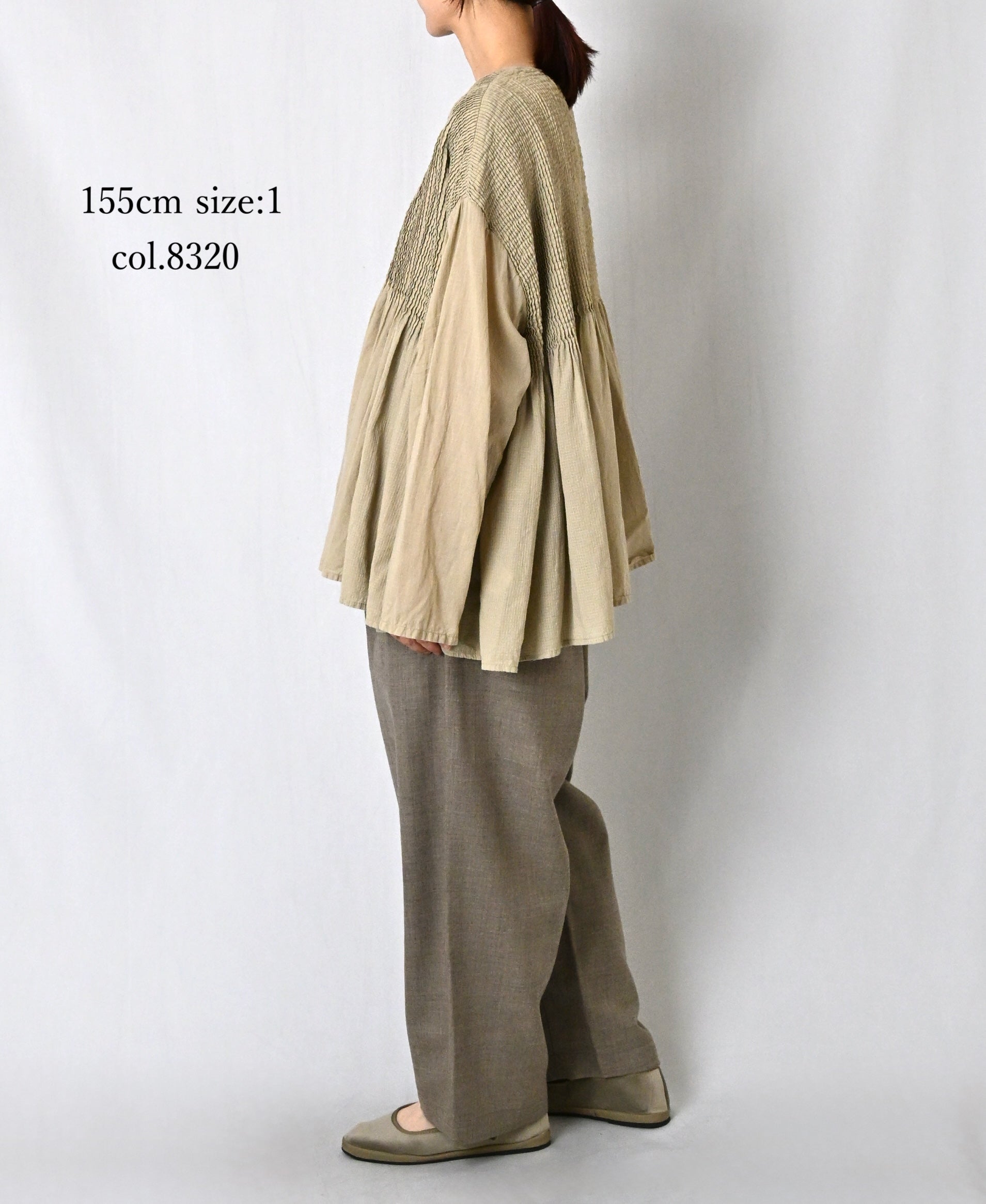 NMDS26603D ORGANIC MICRO CHK&VOILE PLAIN PATCHWORK OVERDYE CREW-NECK BUTTON SHIRT WITH PINTUCK