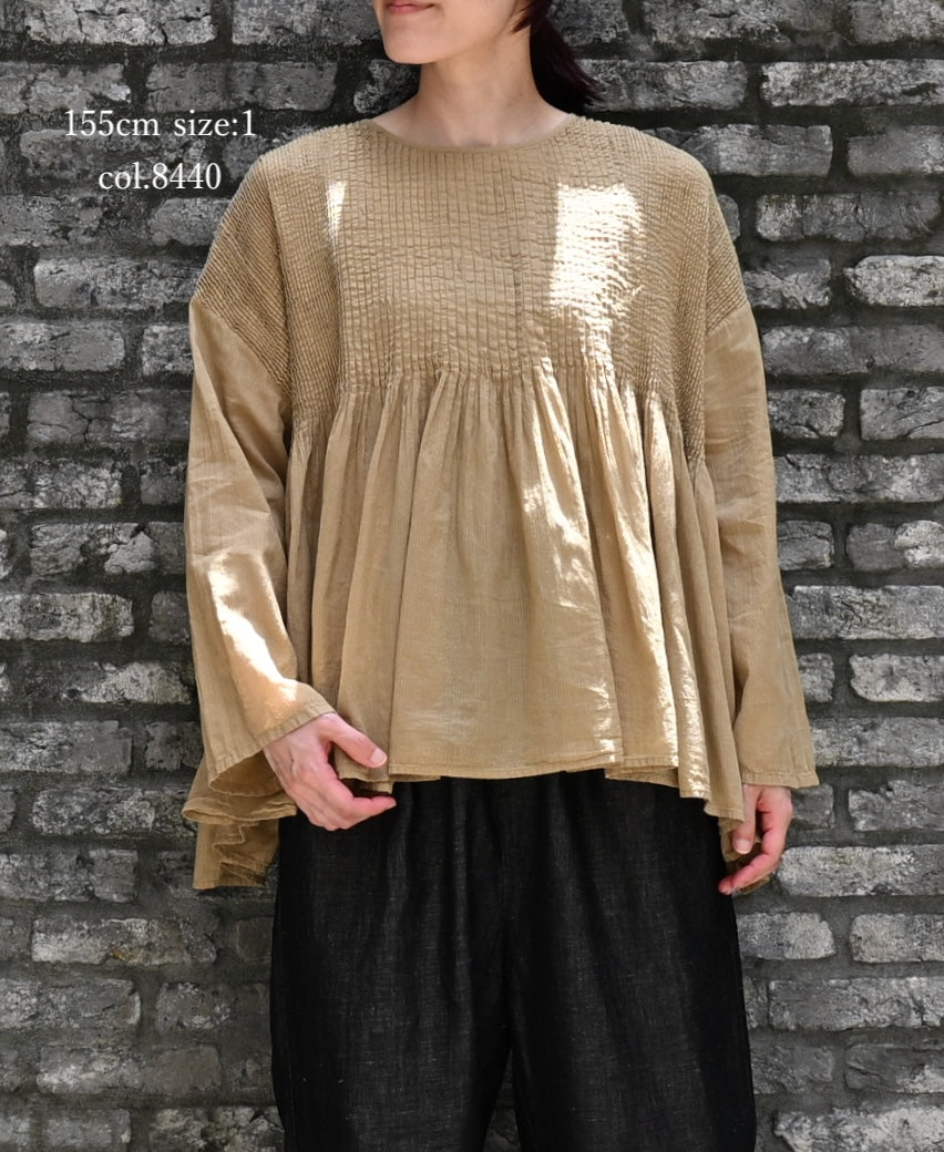 NMDS26511D 80s ORGANIC VOILE STRIPE (OVERDYE) CREW-NECK 3/4 SL SHIRT WITH MINI PINTUCK