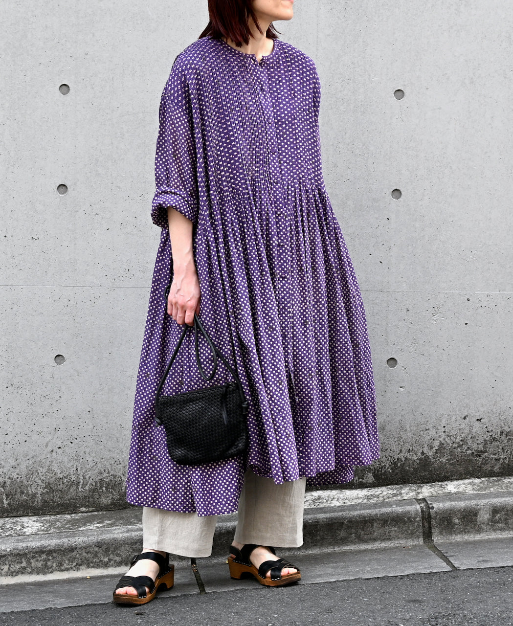 INMDS26084 80s VOILE SQUARE BLOCK PRINT CREW NECK BUTTON SHIRTS DRESS WITH MINI PINTUCK