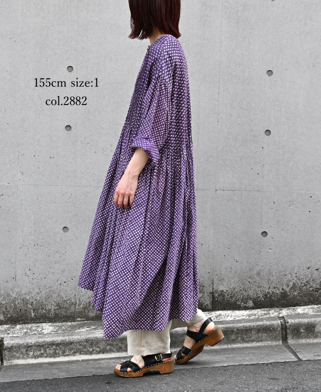 INMDS26084 80s VOILE SQUARE BLOCK PRINT CREW NECK BUTTON SHIRTS DRESS WITH MINI PINTUCK