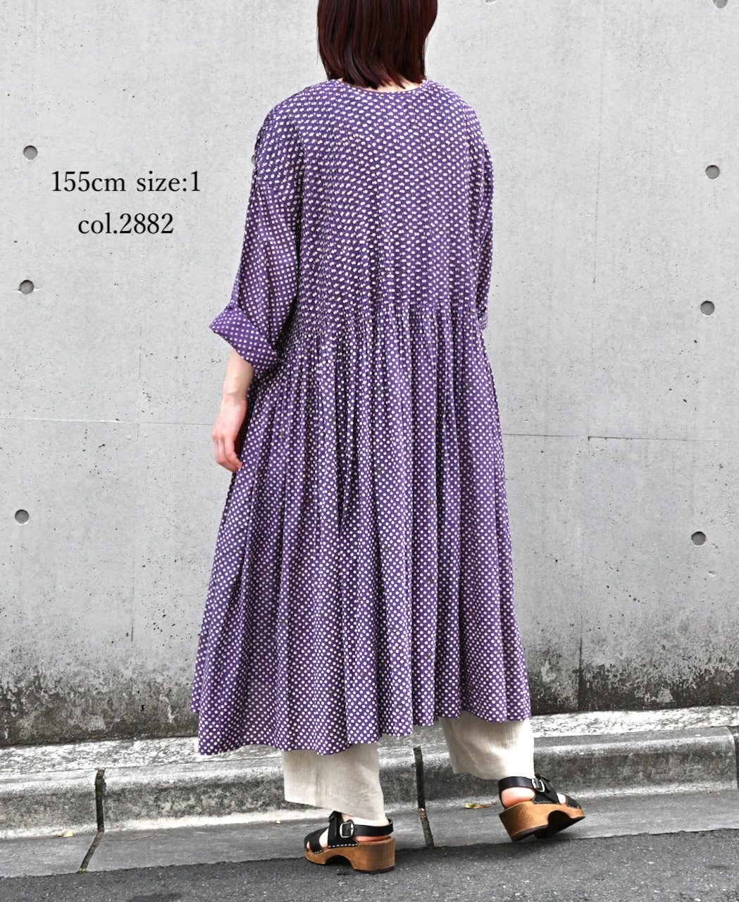 INMDS26084 80s VOILE SQUARE BLOCK PRINT CREW NECK BUTTON SHIRTS DRESS WITH MINI PINTUCK