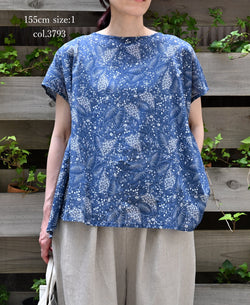 NSL26062 80s VOILE LEAF & FLOWER PRINT FRENCH/SL BACK SIDE GATHERED SMOCK