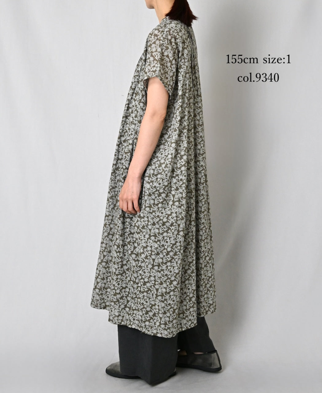 NSL26073 80s VOILE TWO TONE FLOWER PRINT BANDED COLLAR FRENCH/SL PINTUCK DRESS