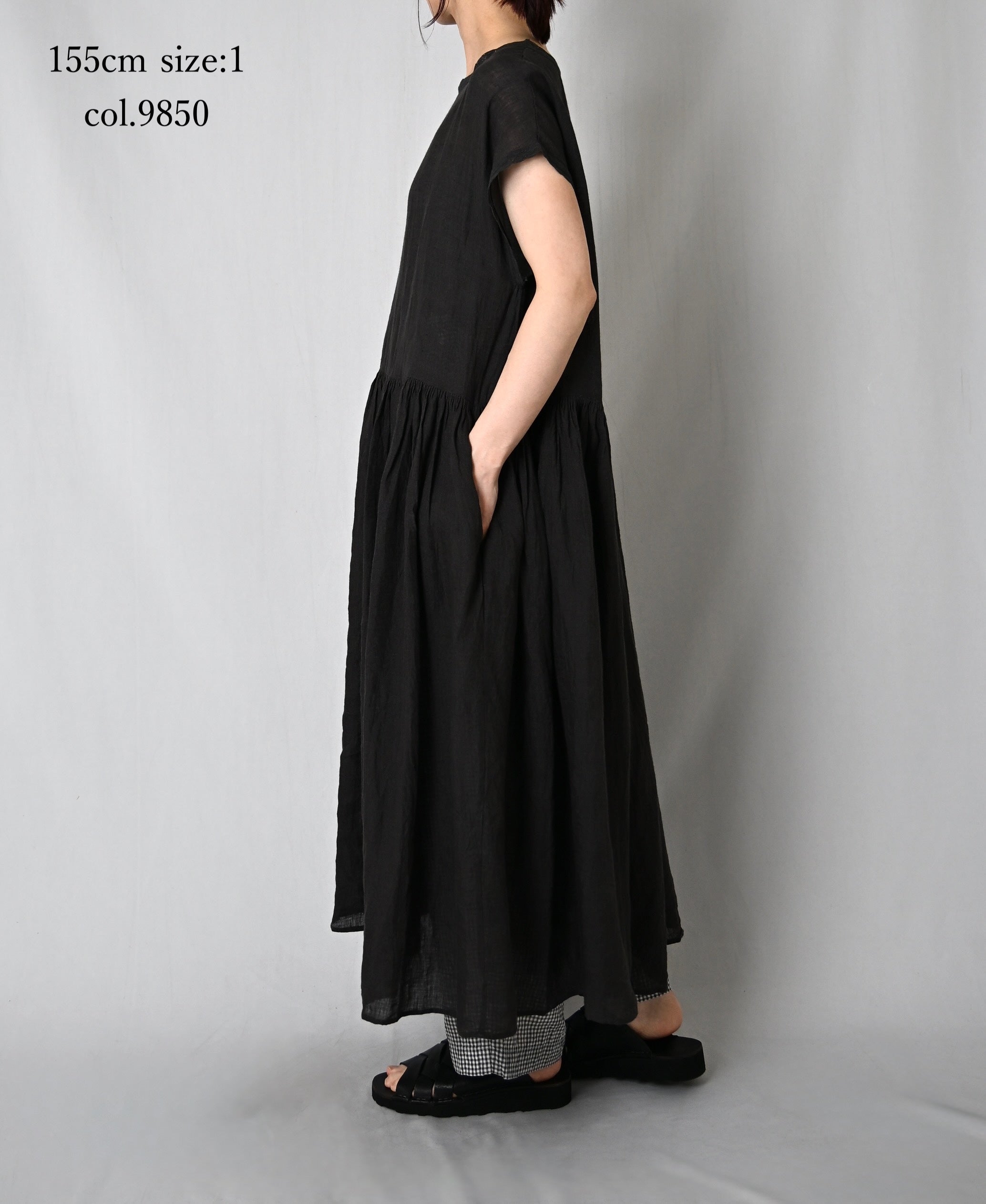 NMDS26272 80s POWER LOOM LINEN PLAIN BOAT-NECK LACE PULLOVER DRESS