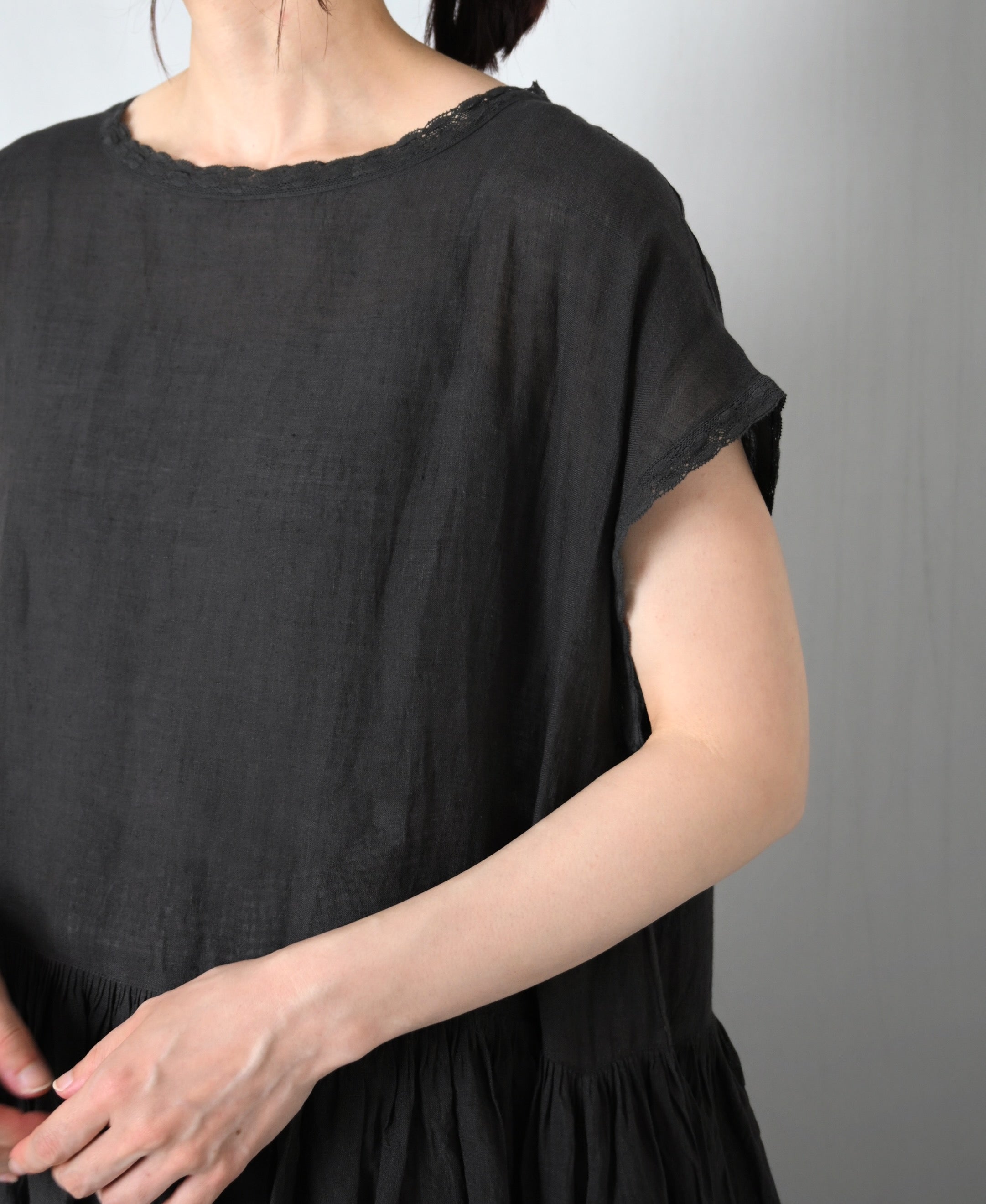 NMDS26272 80s POWER LOOM LINEN PLAIN BOAT-NECK LACE PULLOVER DRESS