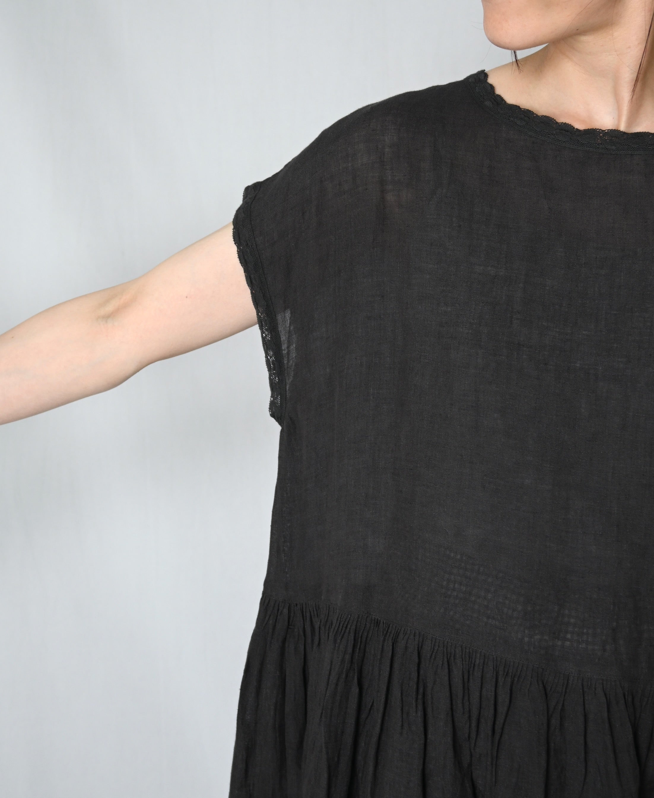 NMDS26272 80s POWER LOOM LINEN PLAIN BOAT-NECK LACE PULLOVER DRESS