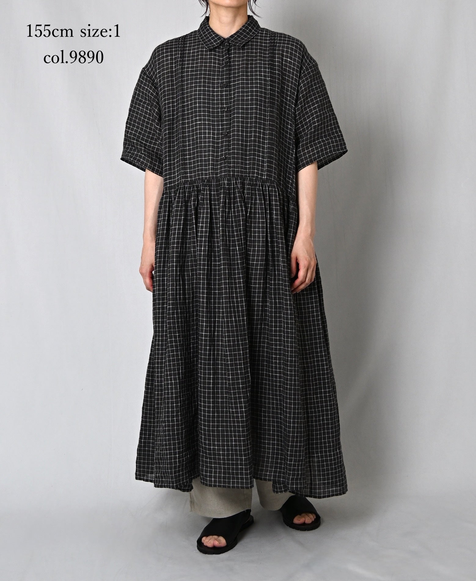 NMDS26284 80s POWER LOOM LINEN CHECK REGULAR COLLAR DRESS WITH RAJASTAN GATHER