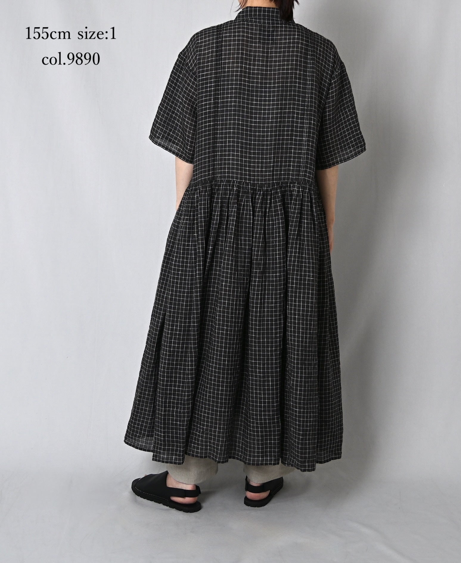 NMDS26284 80s POWER LOOM LINEN CHECK REGULAR COLLAR DRESS WITH RAJASTAN GATHER