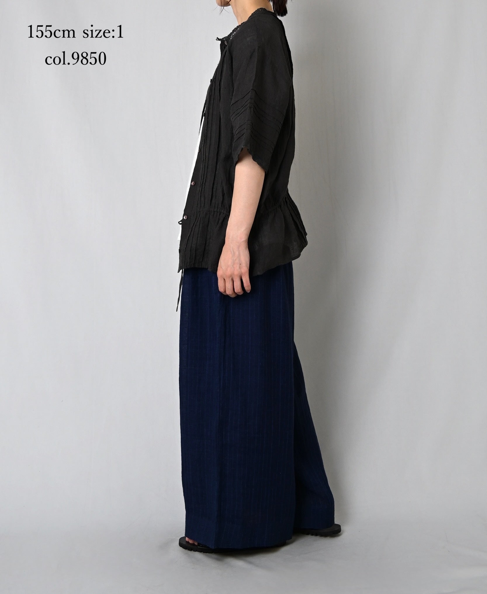 NMDS26271 80s POWER LOOM LINEN PLAIN LACE PINTUCK HALF/SLEEVE 2WAY SHIRT